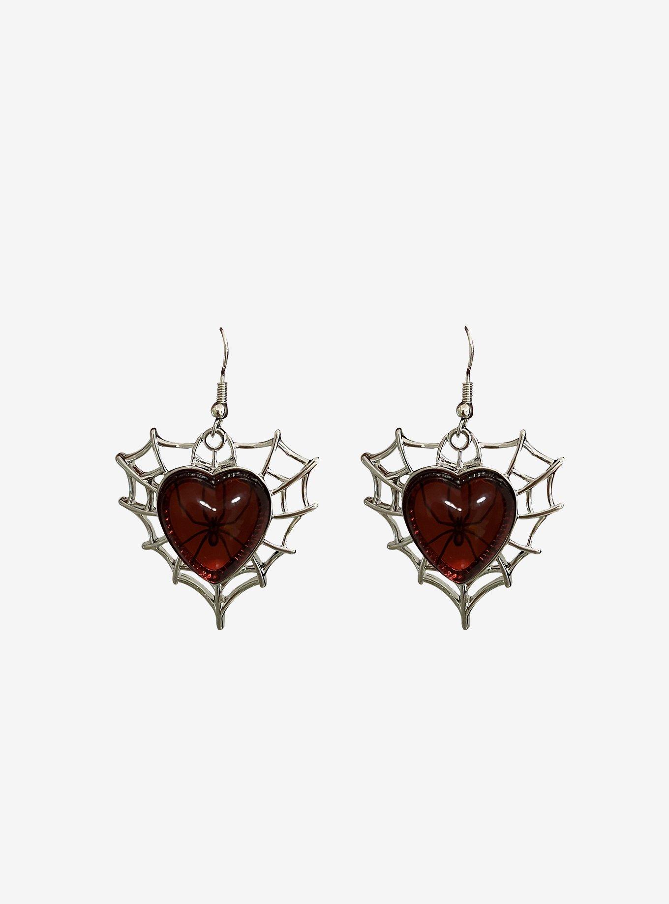 Social Collision Red Heart Spiderweb Earrings, , hi-res
