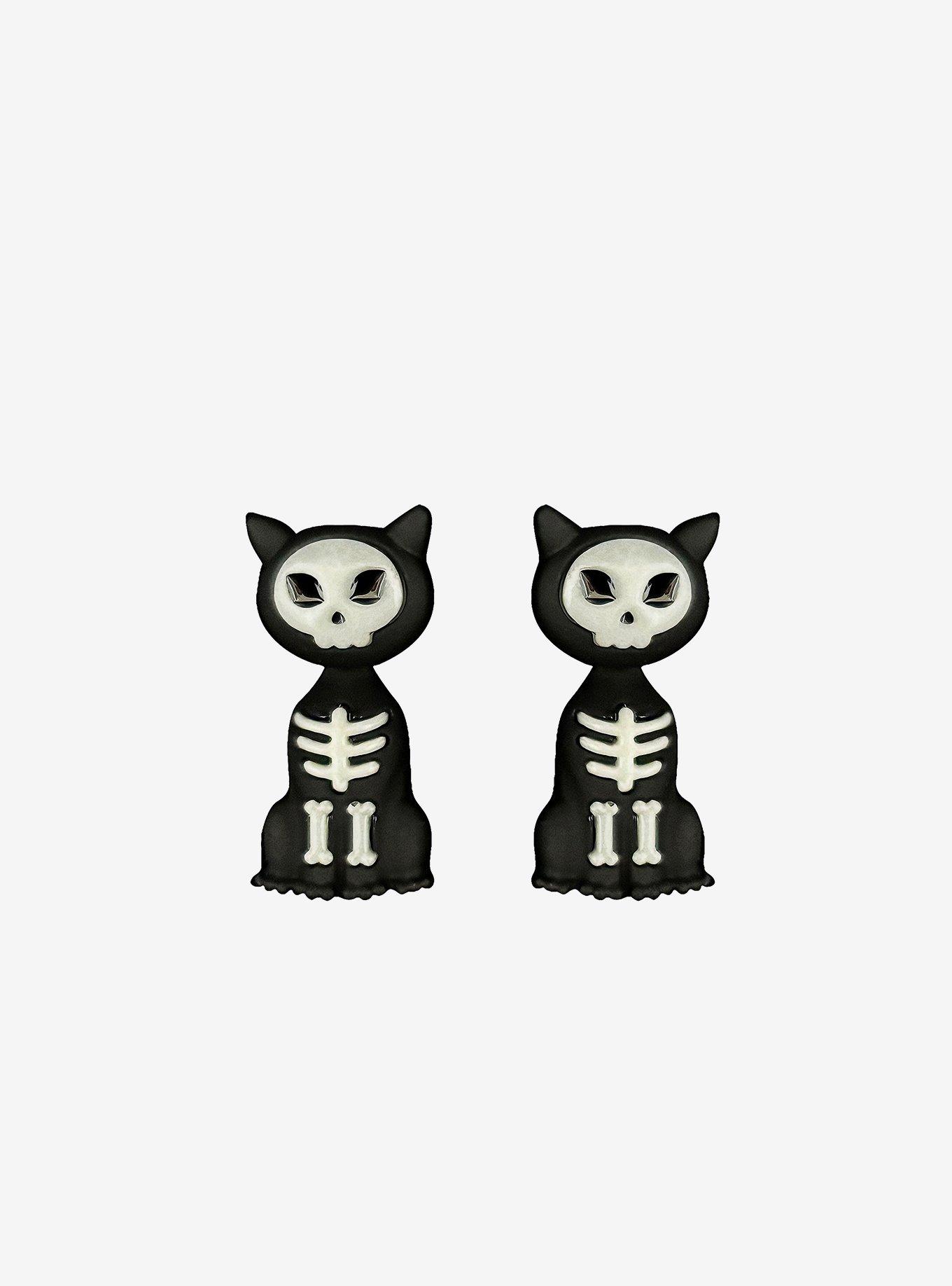 Social Collision Cat Skeleton Glow-In-The-Dark Front/Back Earrings, , hi-res