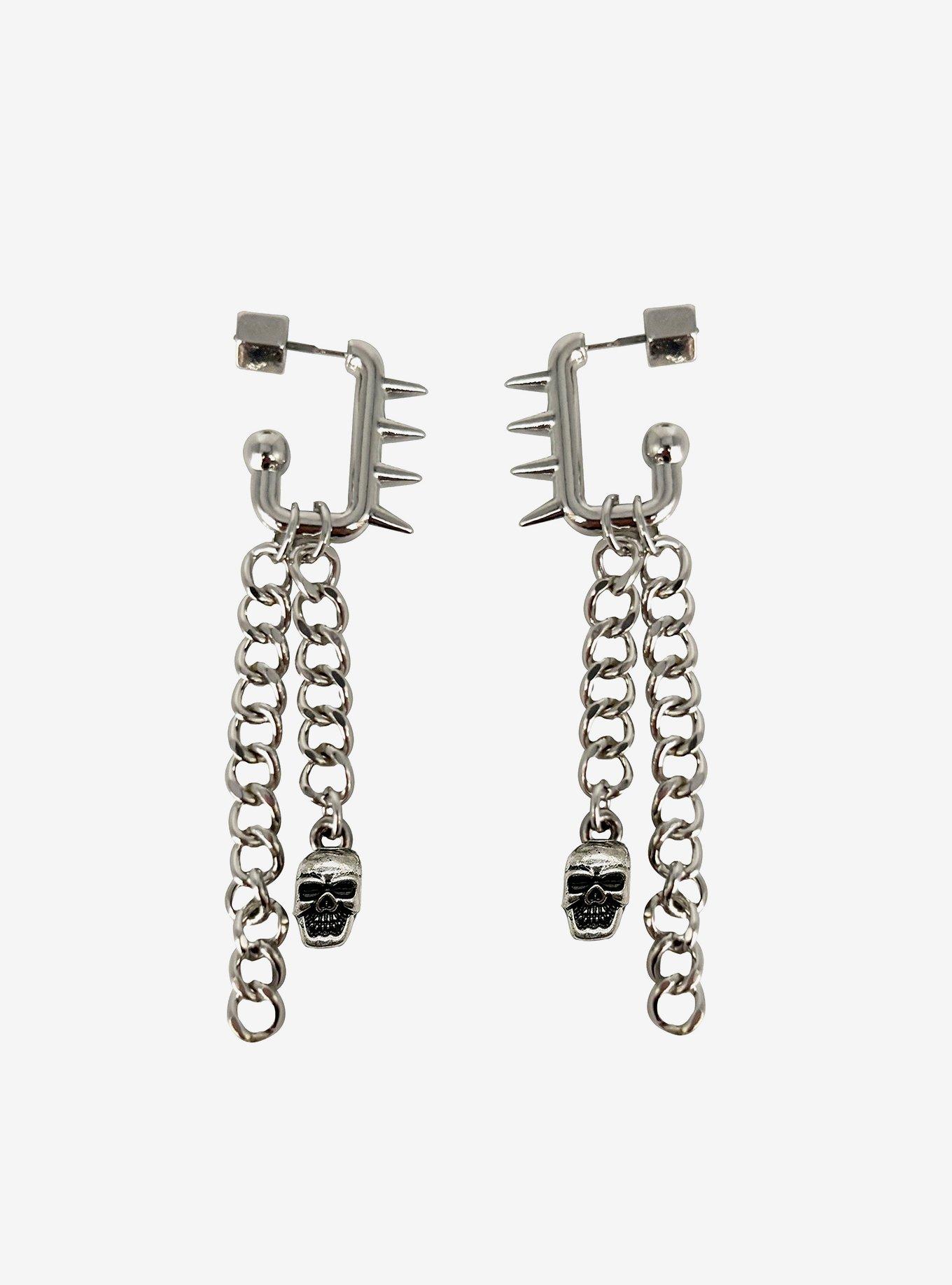 Social Collision Spikes & Skulls Chain Drop Earrings, , hi-res