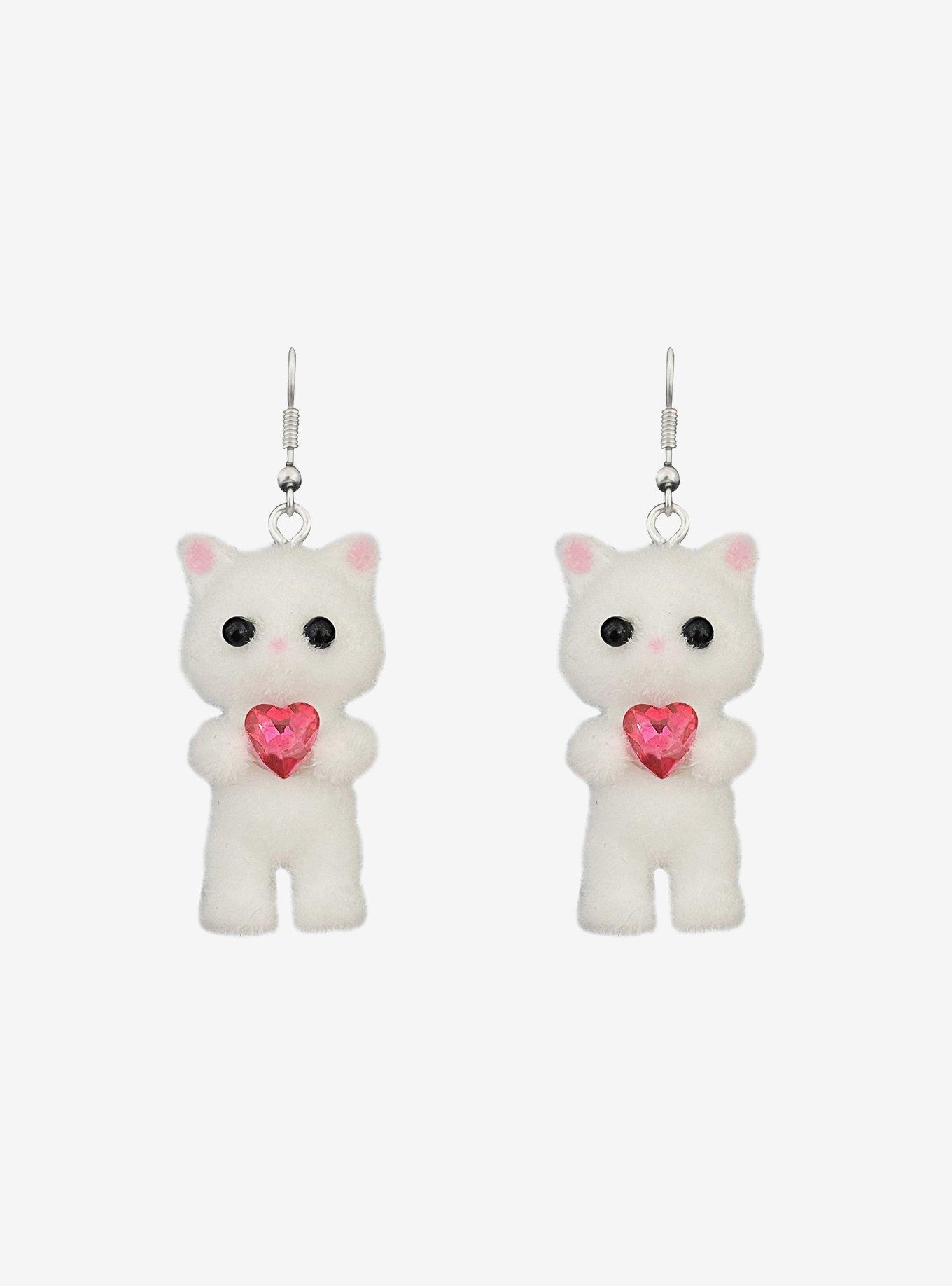 Sweet Society Fuzzy Cat Heart Gem Earrings