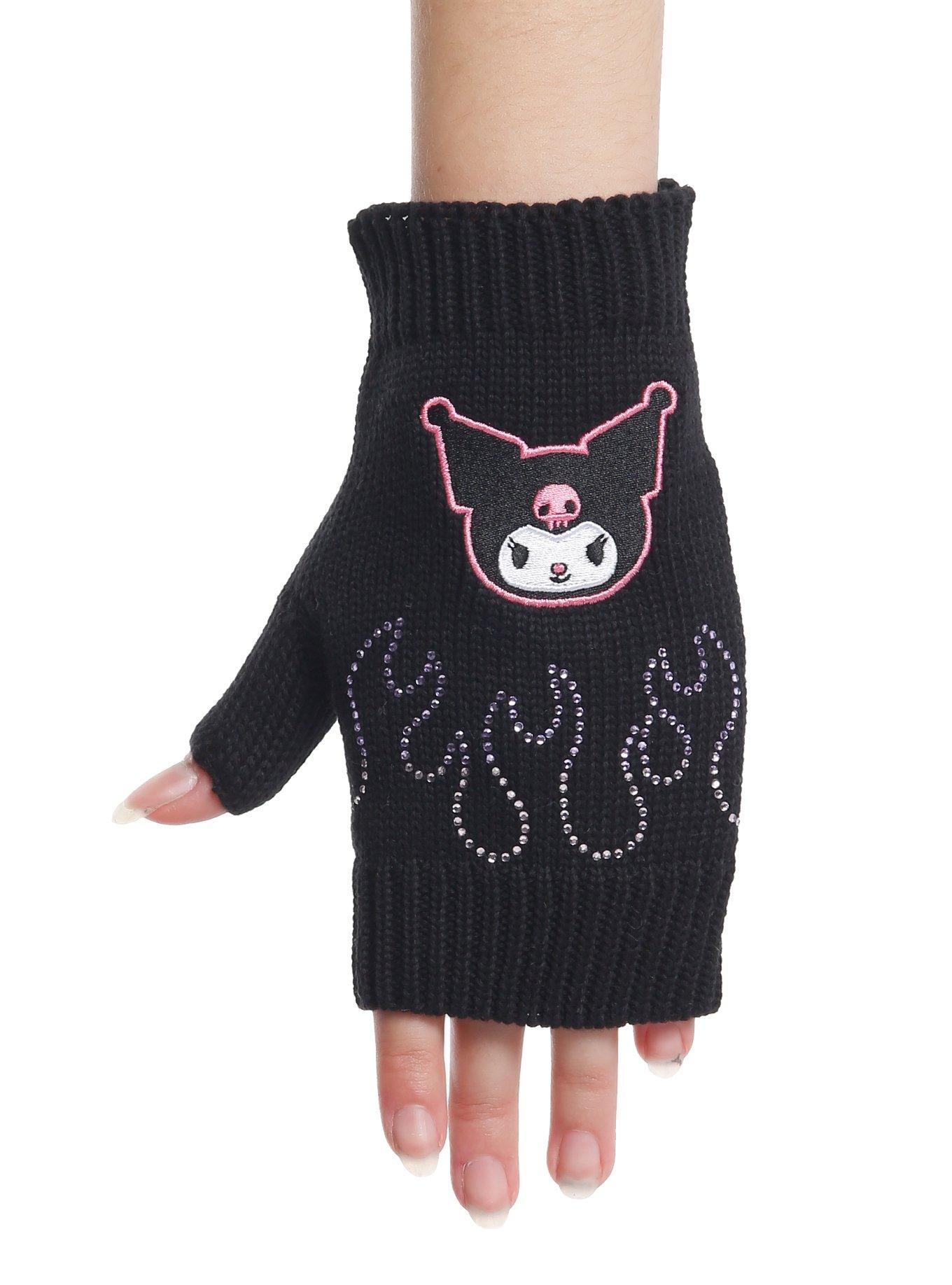 Kuromi Rhinestone Flames Fingerless Gloves, , hi-res