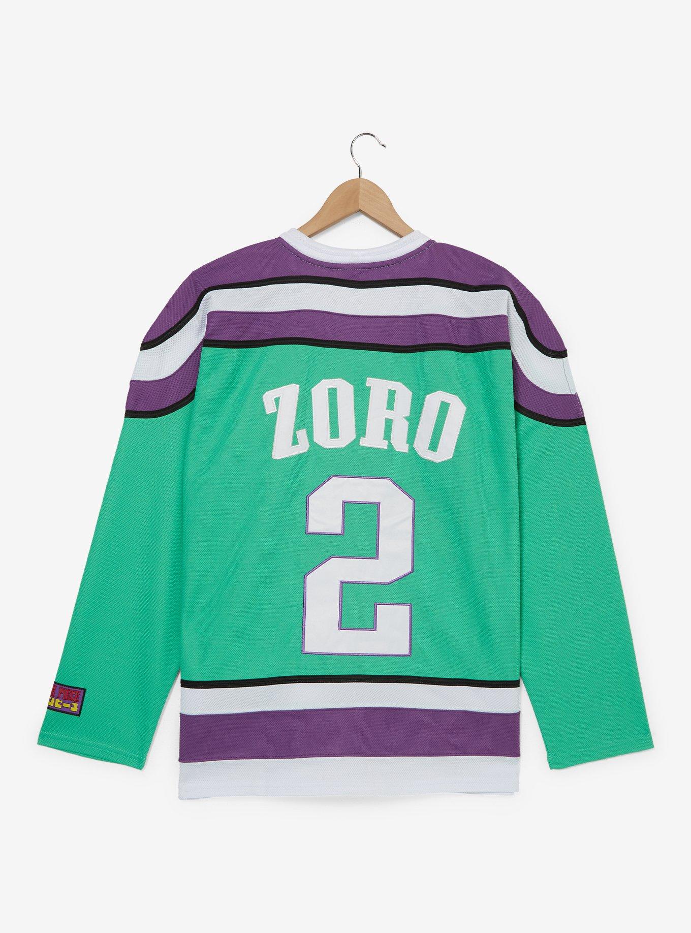 One Piece Roronoa Zoro Hockey Jersey &mdash;&nbsp;BoxLunch Exclusive, STRIPE - PURPLE, alternate