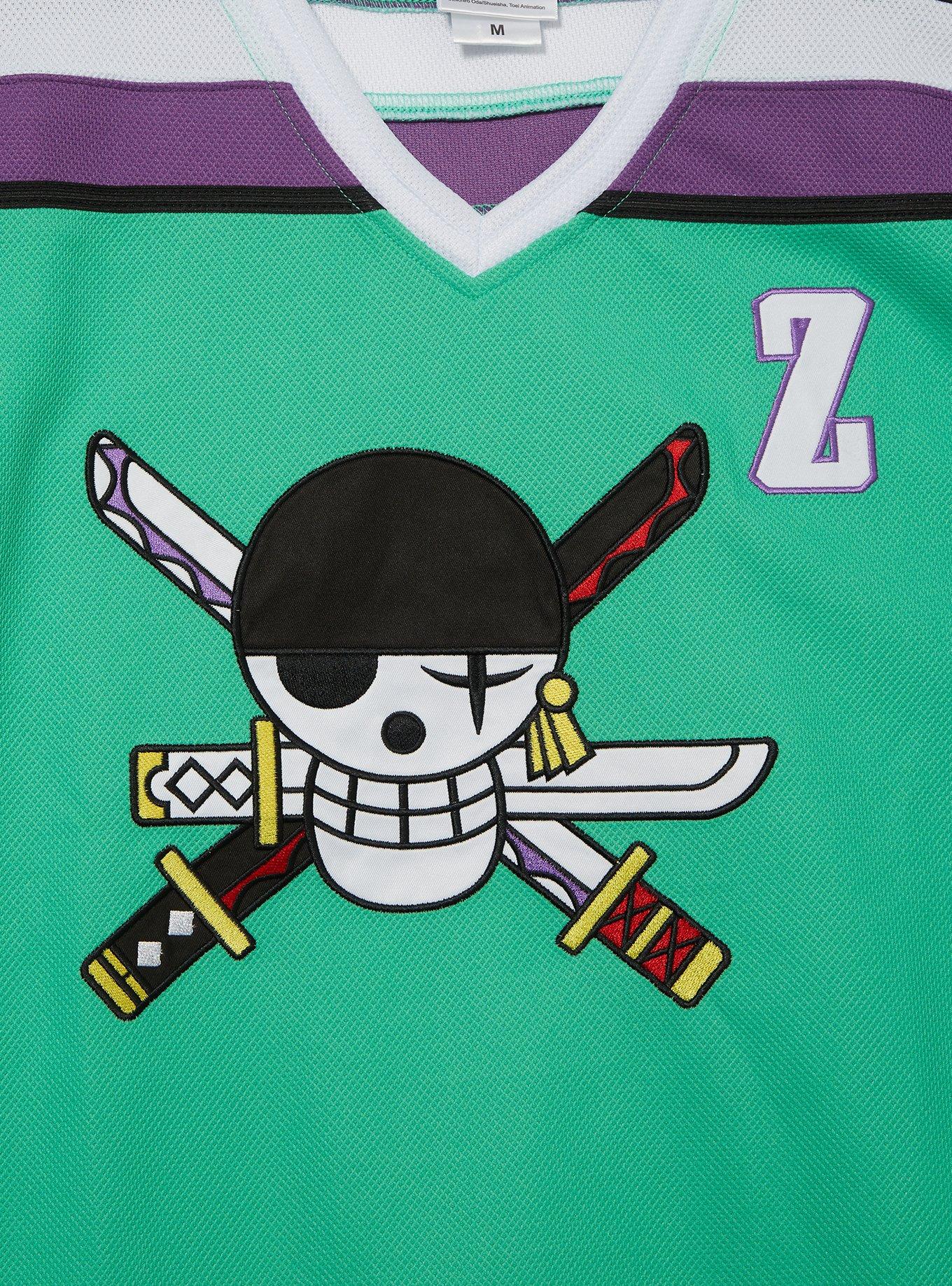 One Piece Roronoa Zoro Hockey Jersey &mdash;&nbsp;BoxLunch Exclusive, STRIPE - PURPLE, alternate