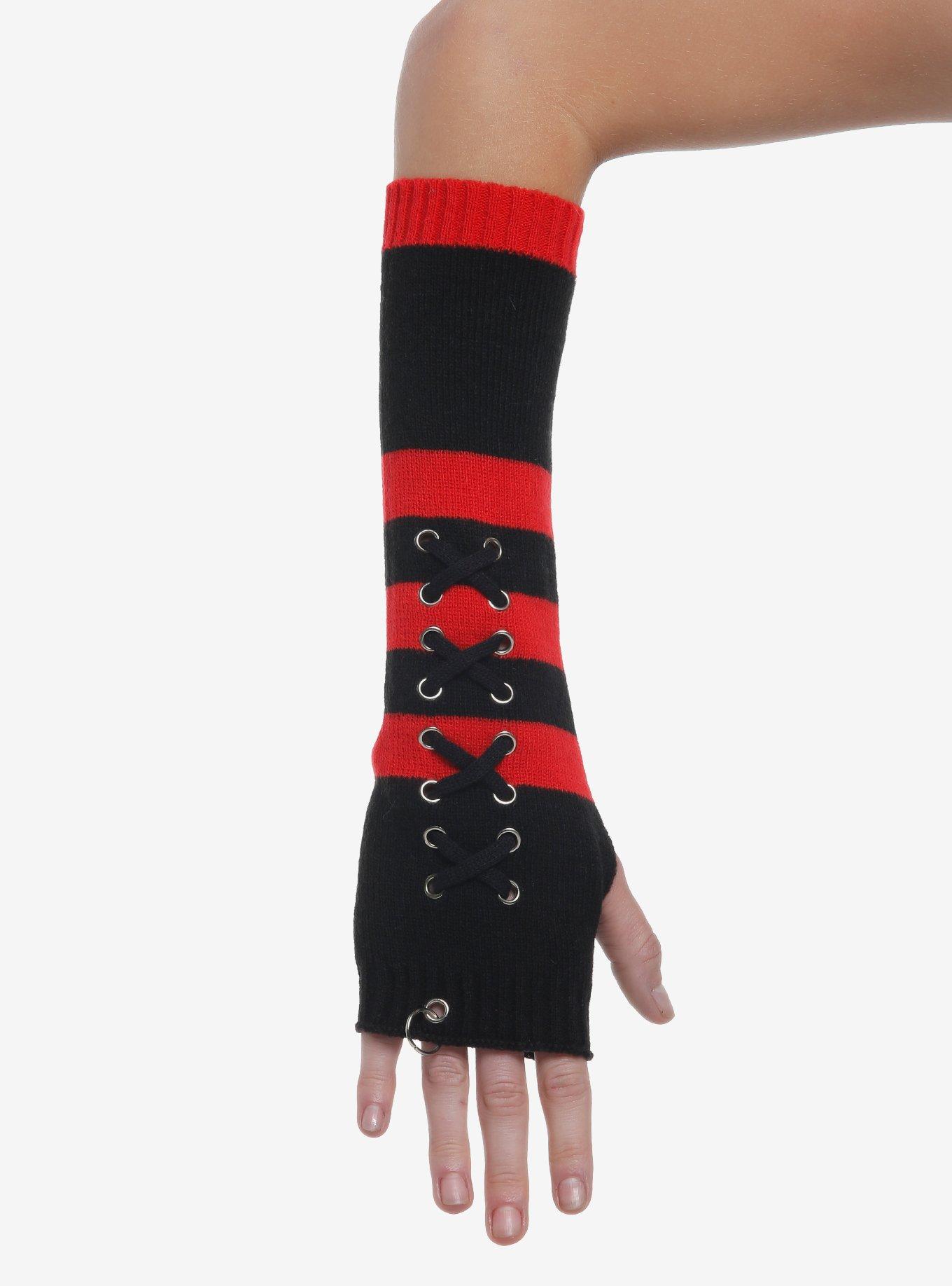 Red & Black Stripe Crisscross Arm Warmers, , hi-res