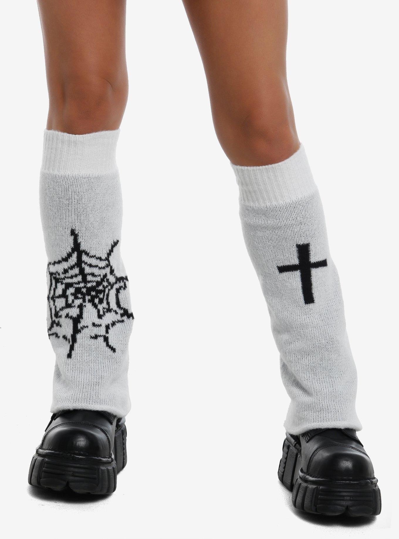 Black & White Spiderweb Cross Reversible Leg Warmers, , hi-res