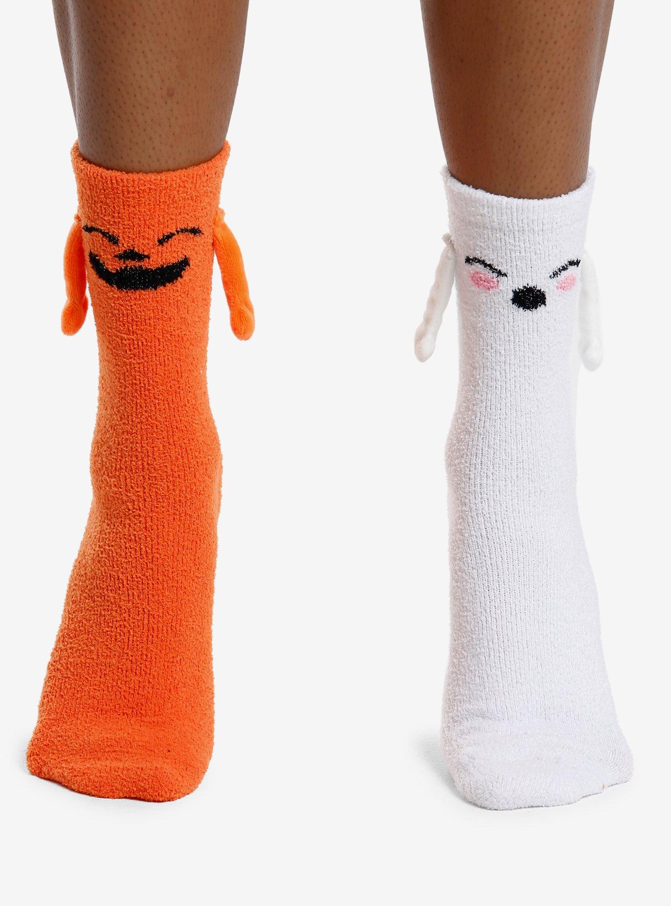 Pumpkin & Ghost Magnetic Arms Mismatch Fuzzy Crew Socks, , alternate