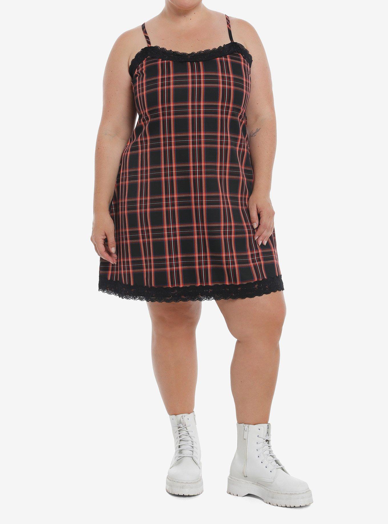 Social Collision Red Plaid Slip Dress Plus Size, , hi-res