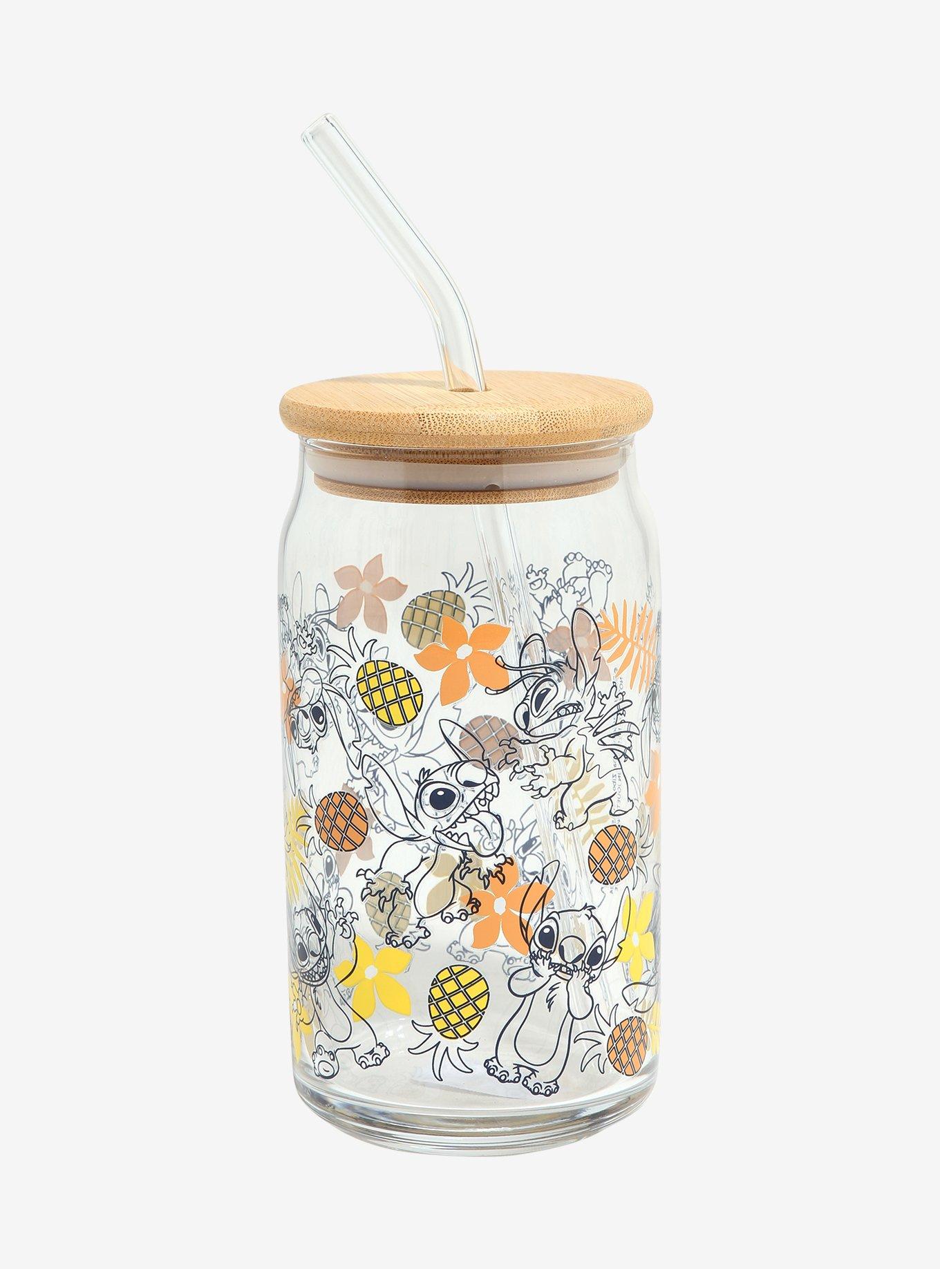 Disney Lilo & Stitch Pineapples & Stitch Allover Print Glass Cup with Straw - BoxLunch Exclusive