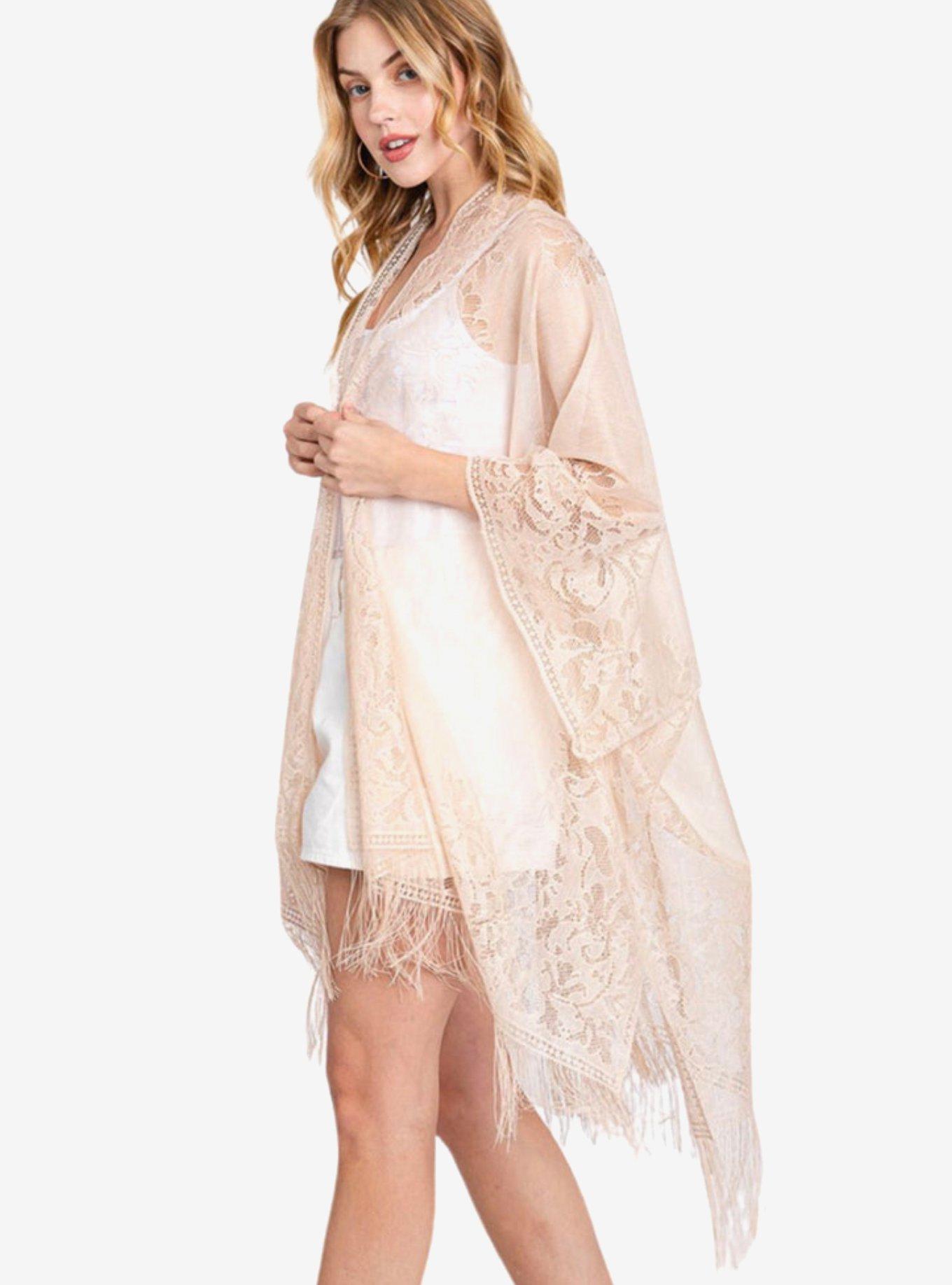 Beige Boho Lace Kimono with Fringe, , alternate