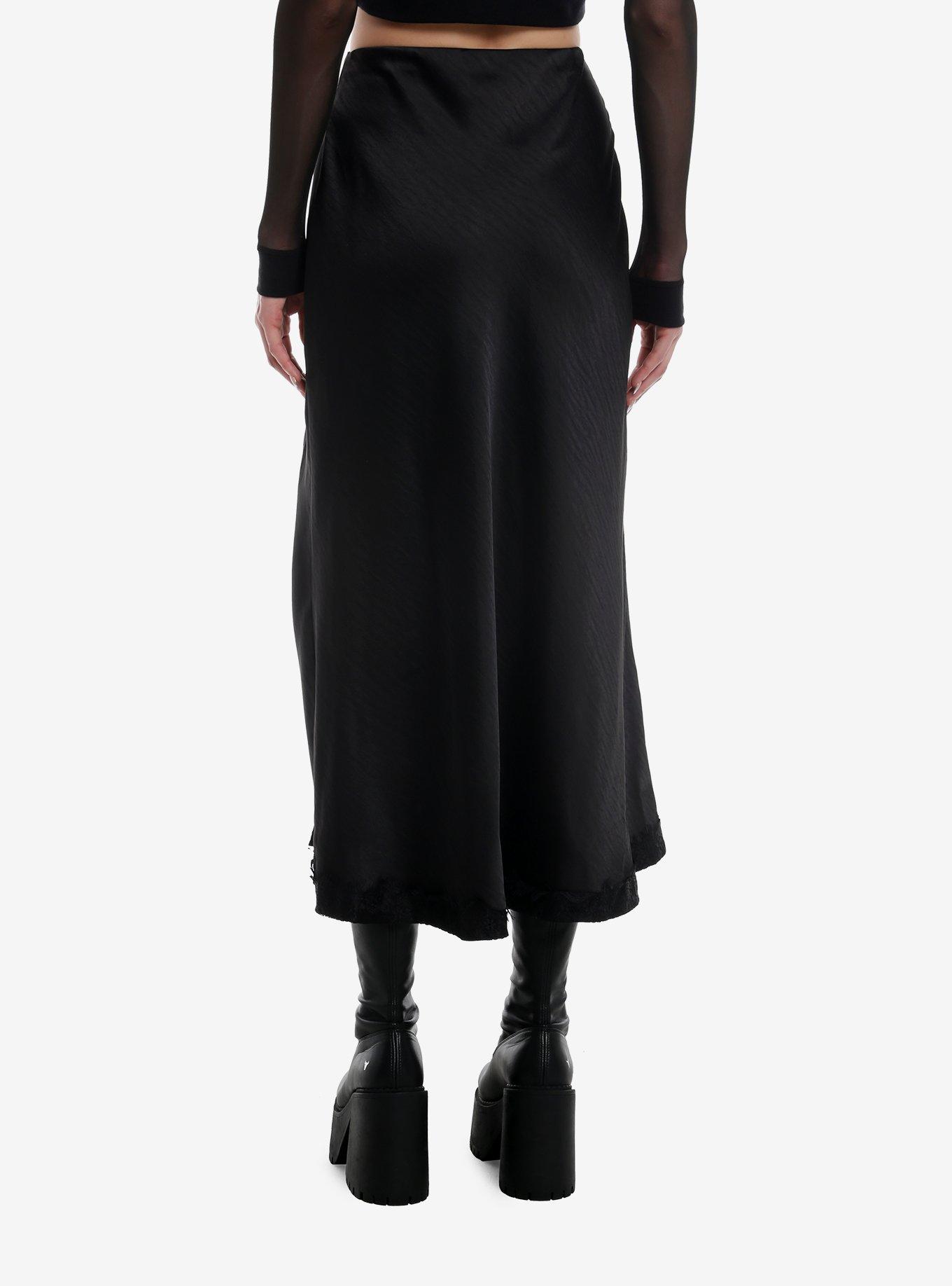 Social Collision Black Satin Slit Midi Skirt, , hi-res