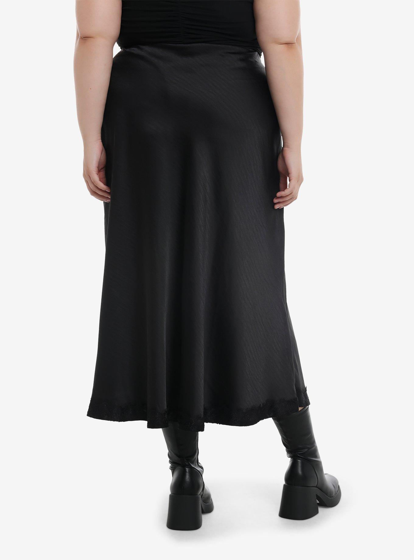 Social Collision Black Satin Slit Midi Skirt Plus Size, , hi-res