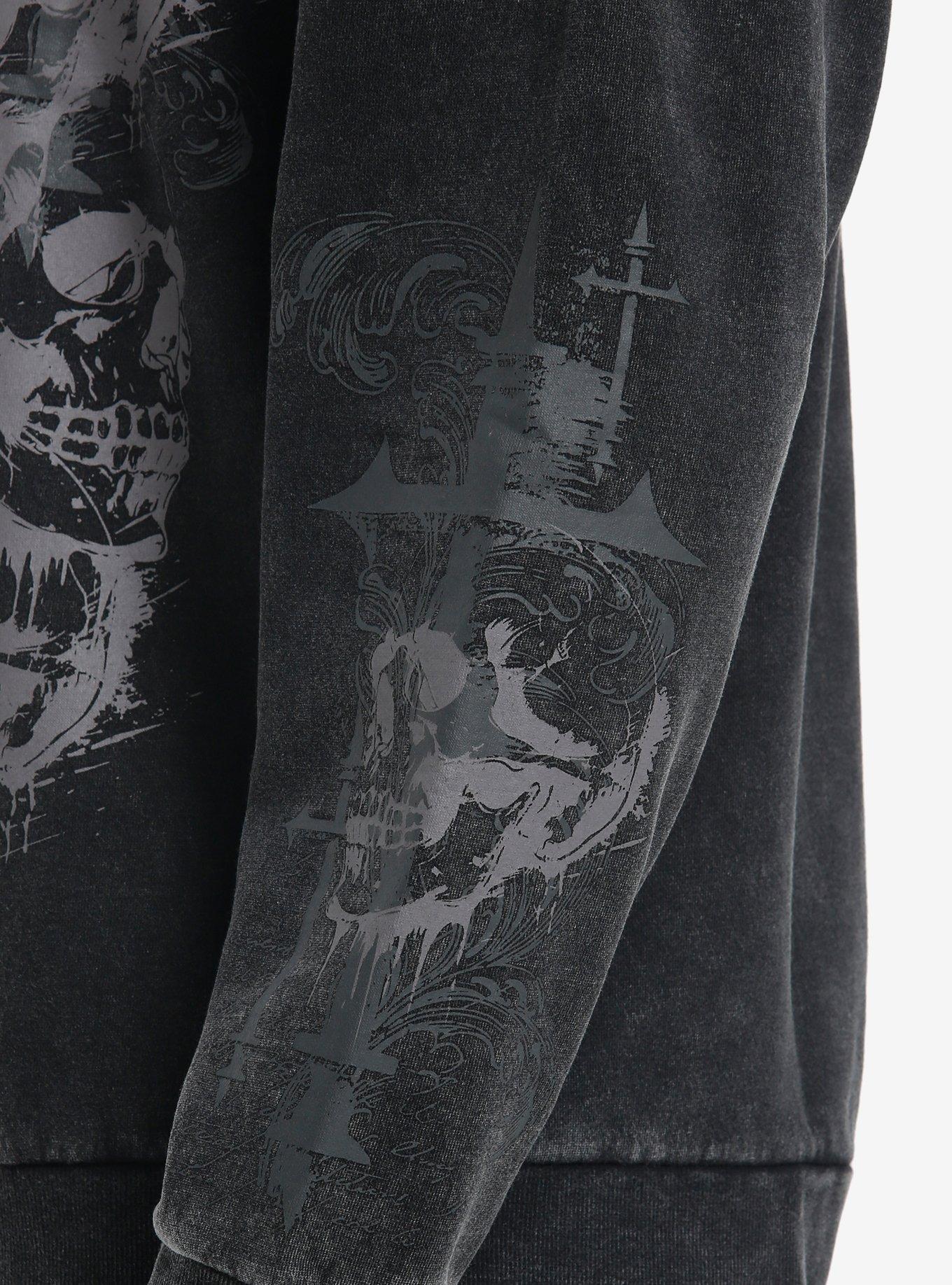 Social Collision Skull Cross Mineral Wash Sweatshirt, GREY, alternate