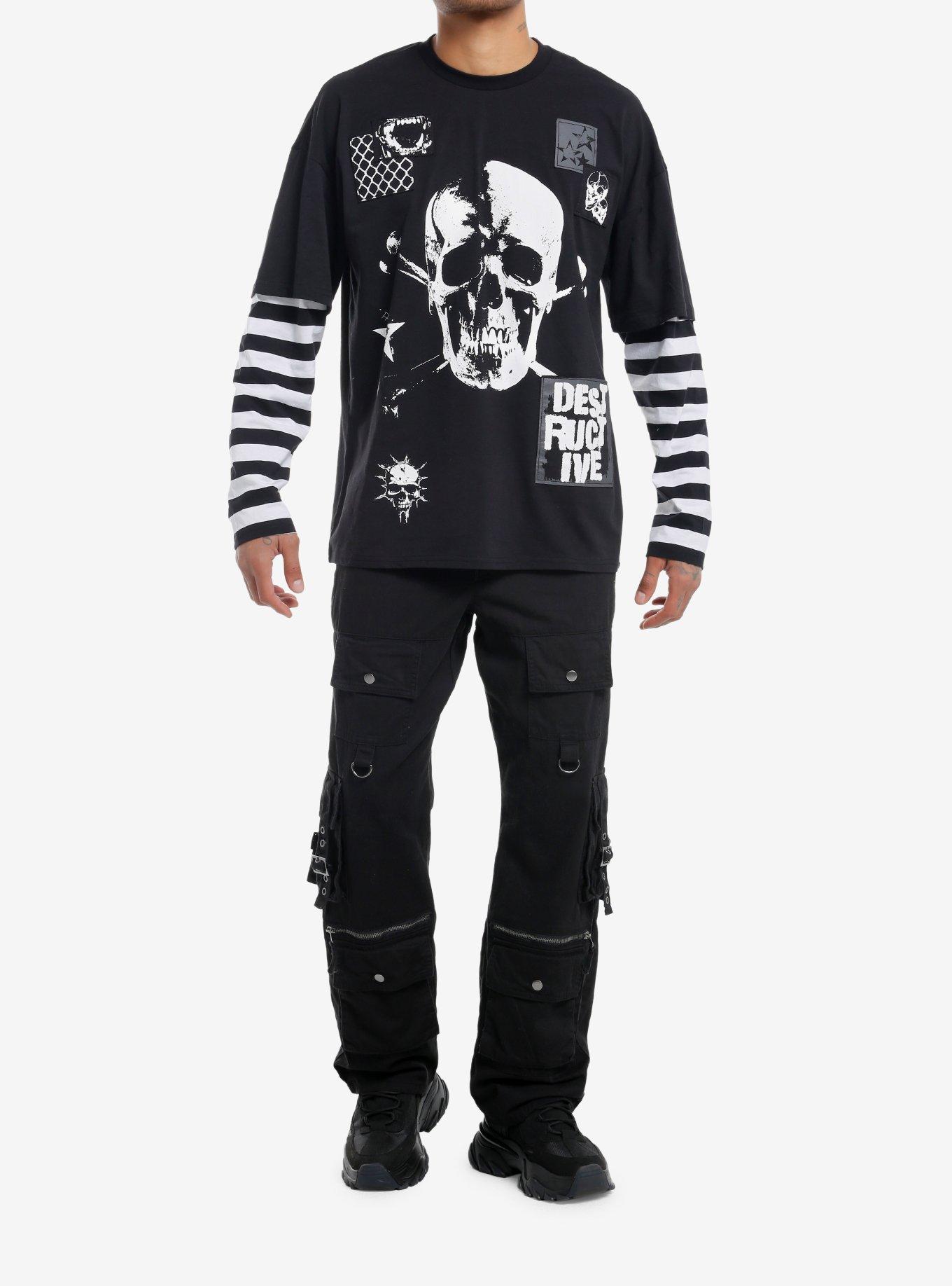 Social Collision Skull Patches Stripe Twofer Long-Sleeve T-Shirt, , alternate