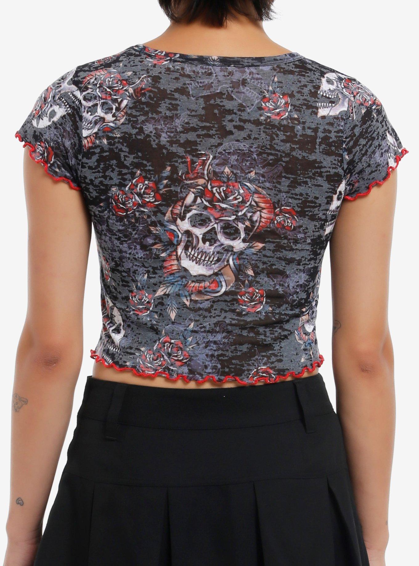 Tattoo Skull Roses Girls Burnout Baby T-Shirt, RED, alternate