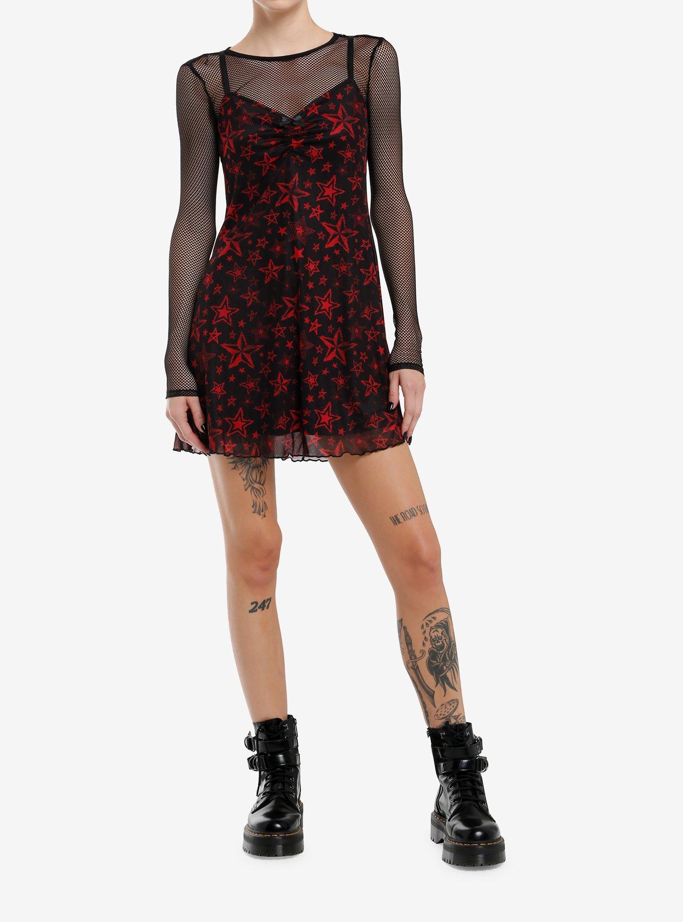 Social Collision Red Star Mesh Girls Twofer Dress, BLACK, alternate