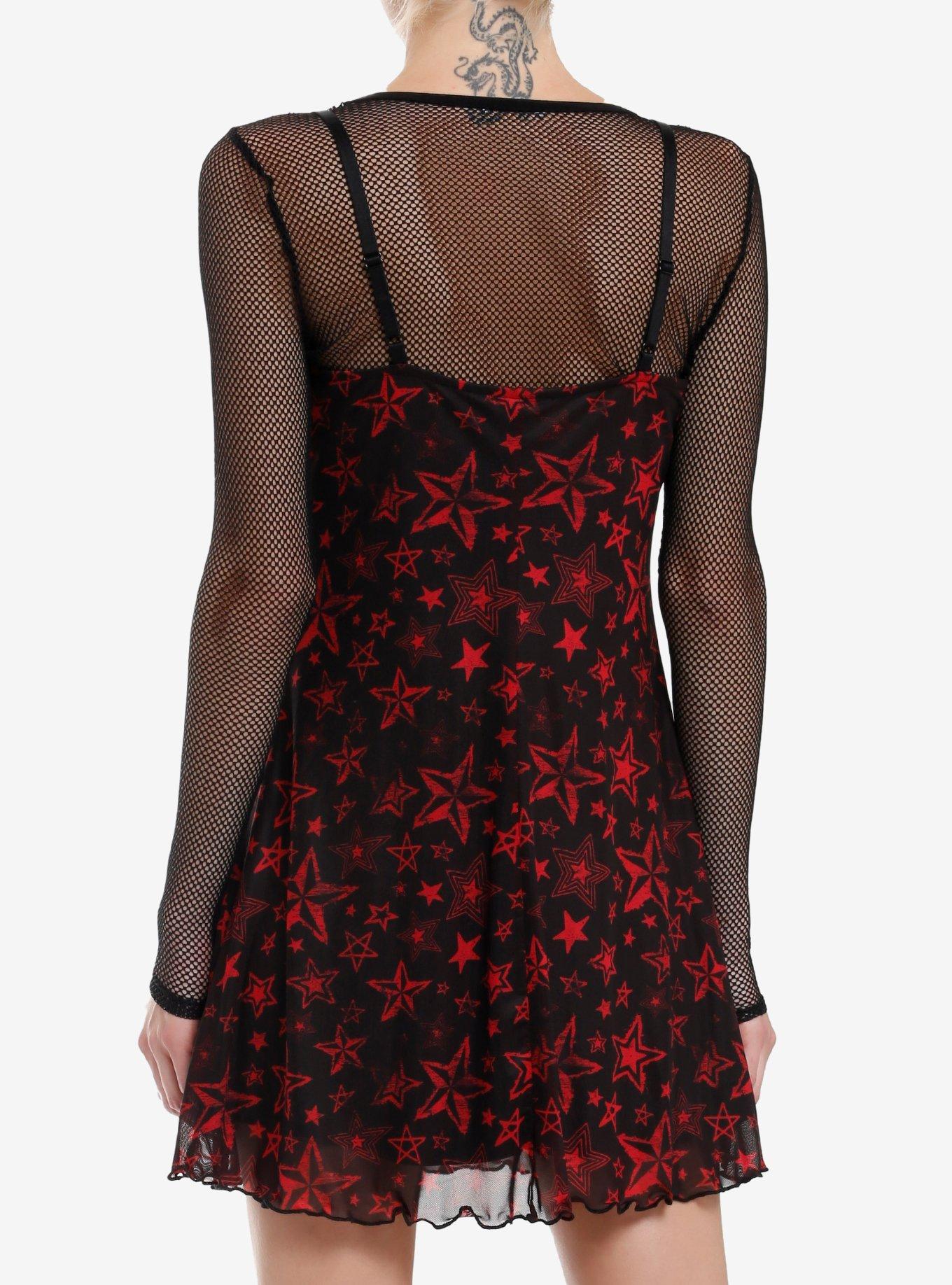 Social Collision Red Star Mesh Girls Twofer Dress, BLACK, alternate