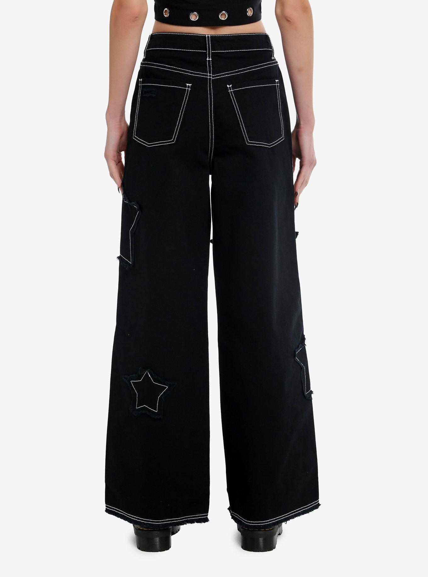 Black Frayed Star Patch Wide Leg Pants, BLUE, alternate