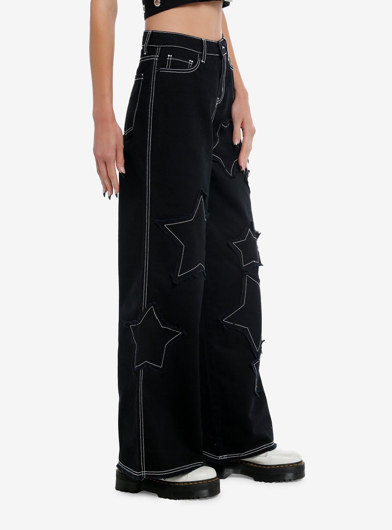 Black Frayed Star Patch Wide Leg Pants