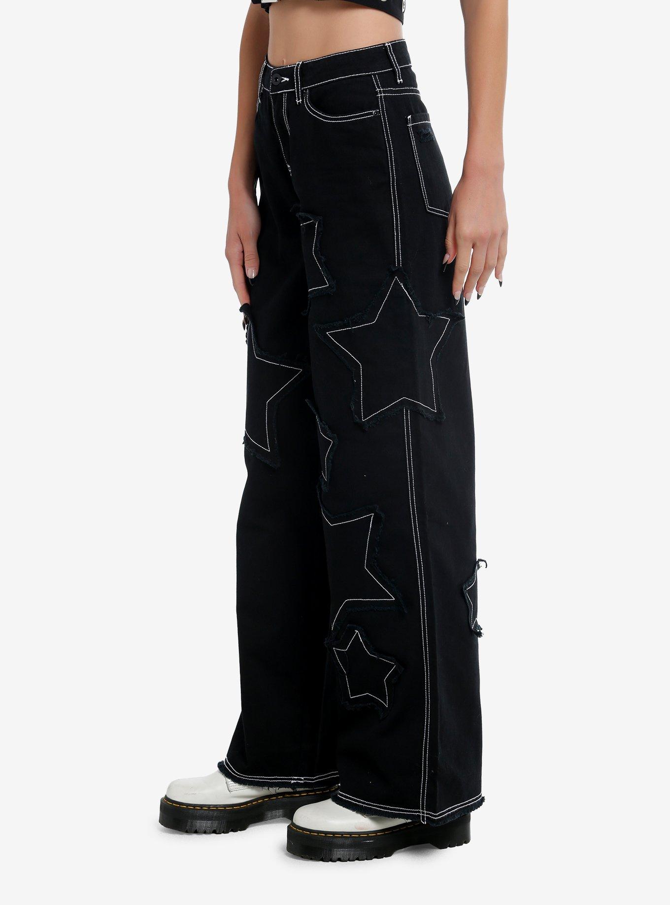 Black Frayed Star Patch Wide Leg Pants