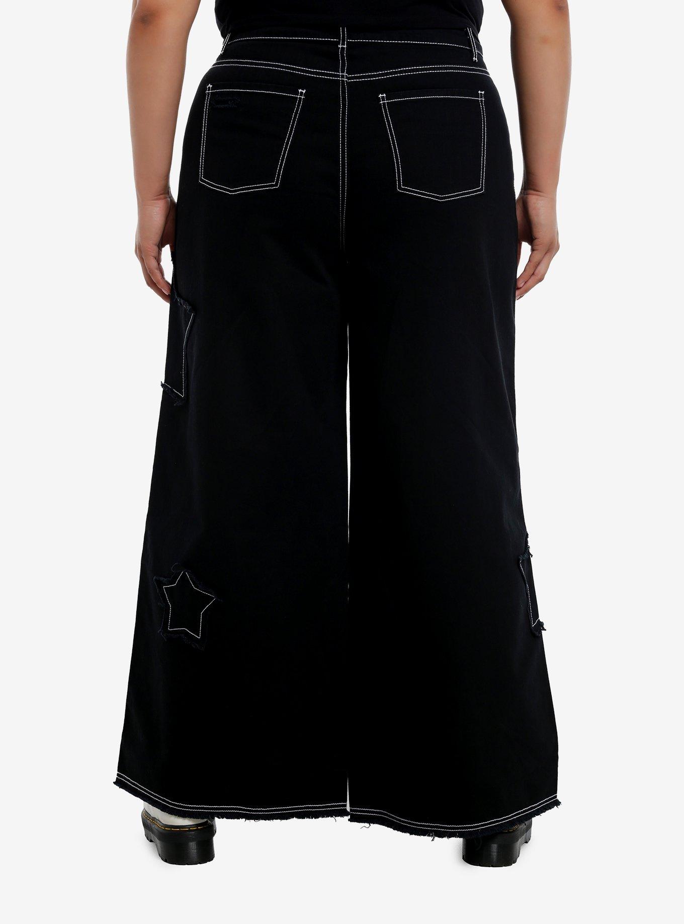 Black Frayed Star Patch Wide Leg Pants Plus Size, , hi-res