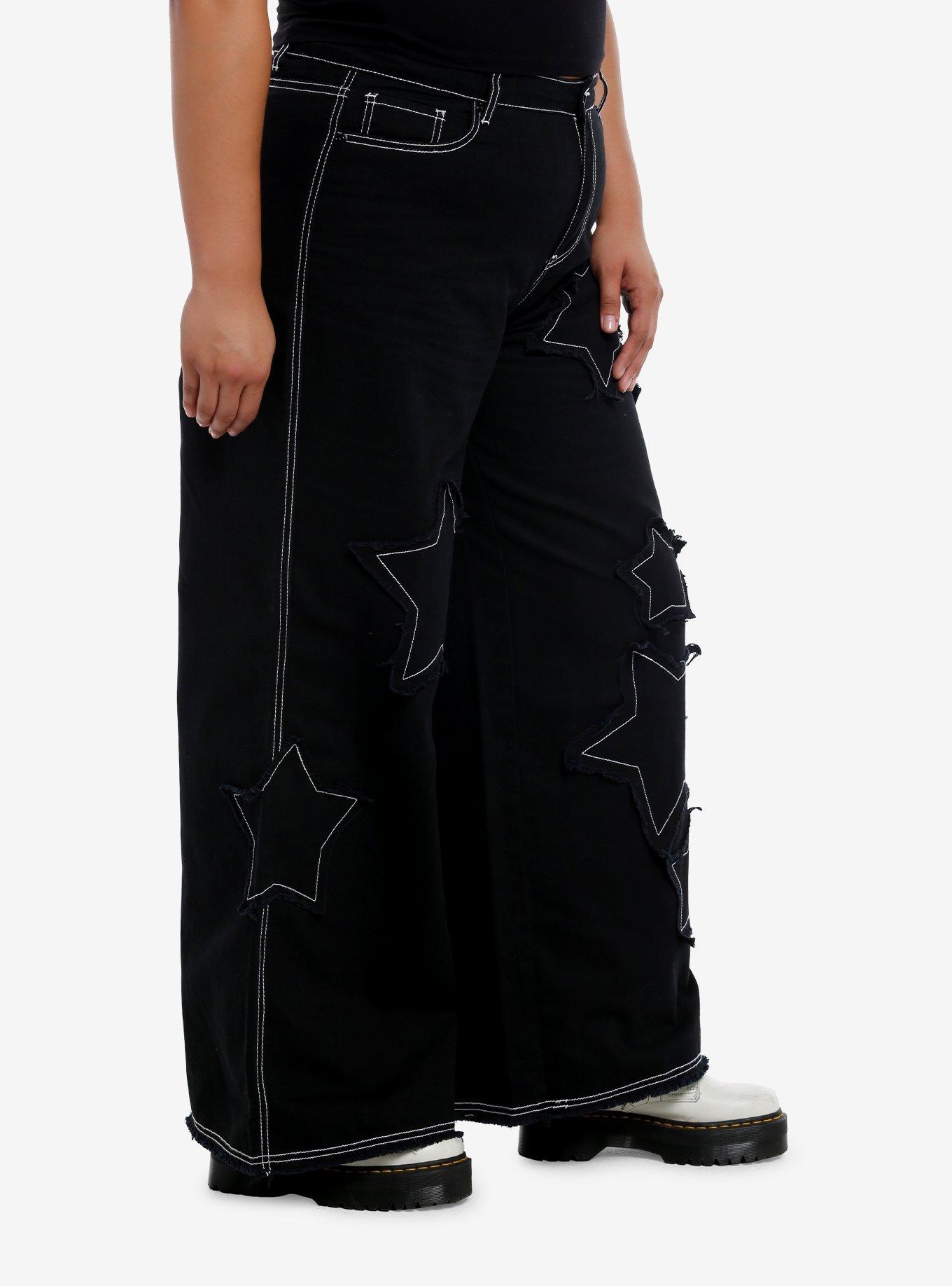 Black Frayed Star Patch Wide Leg Pants Plus