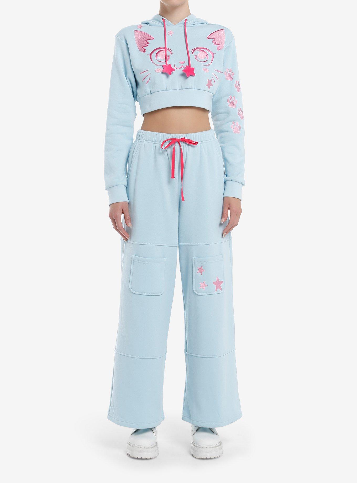Sweet Society Kawaii Cat Girls Crop Hoodie, LIGHT BLUE, alternate