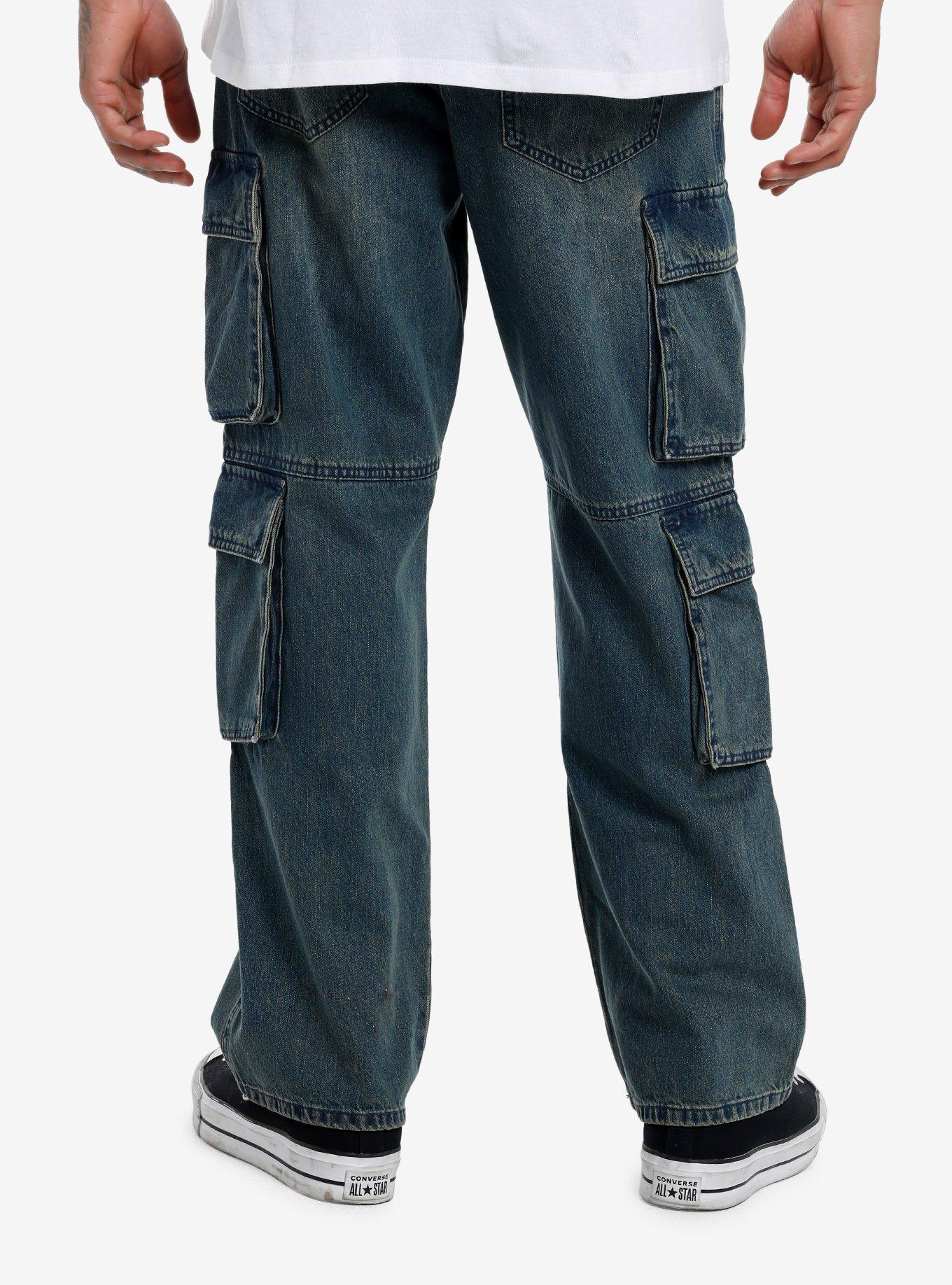 Indigo Crosses Cargo Pocket Denim Pants, BLUE, alternate
