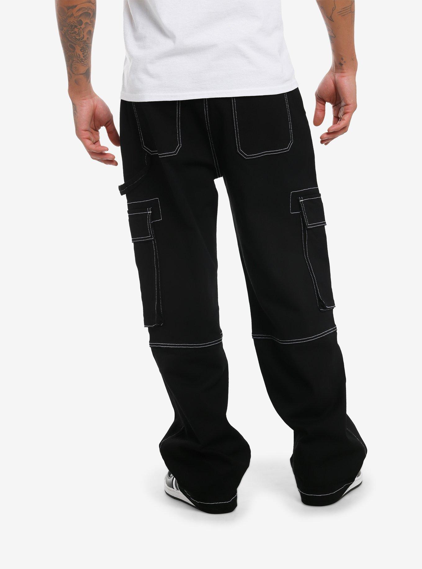 Black & White Contrast Stitch Cargo Pants, , alternate