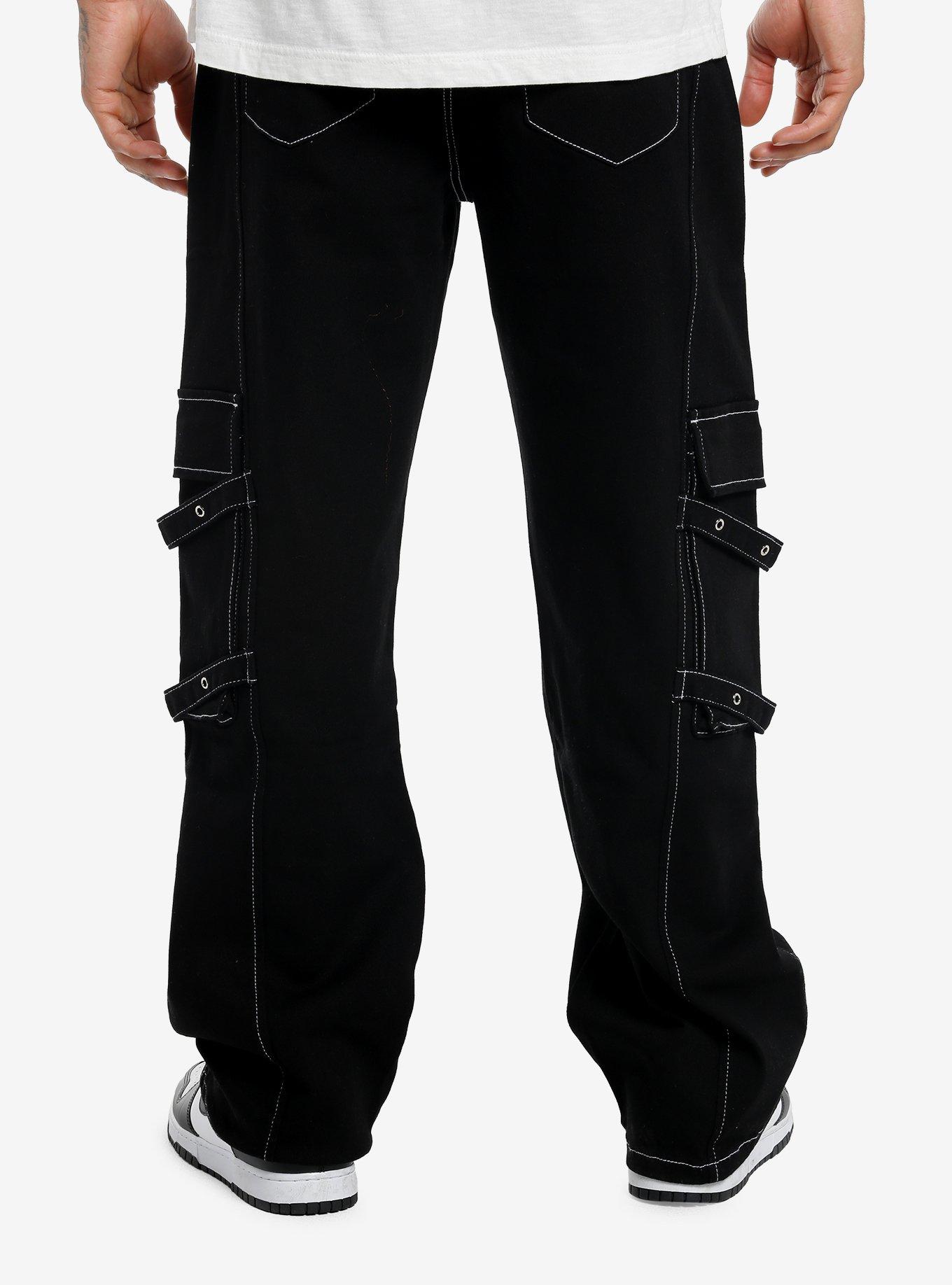 Black & White Contrast Stitch Grommet Strap Cargo Pants, , hi-res