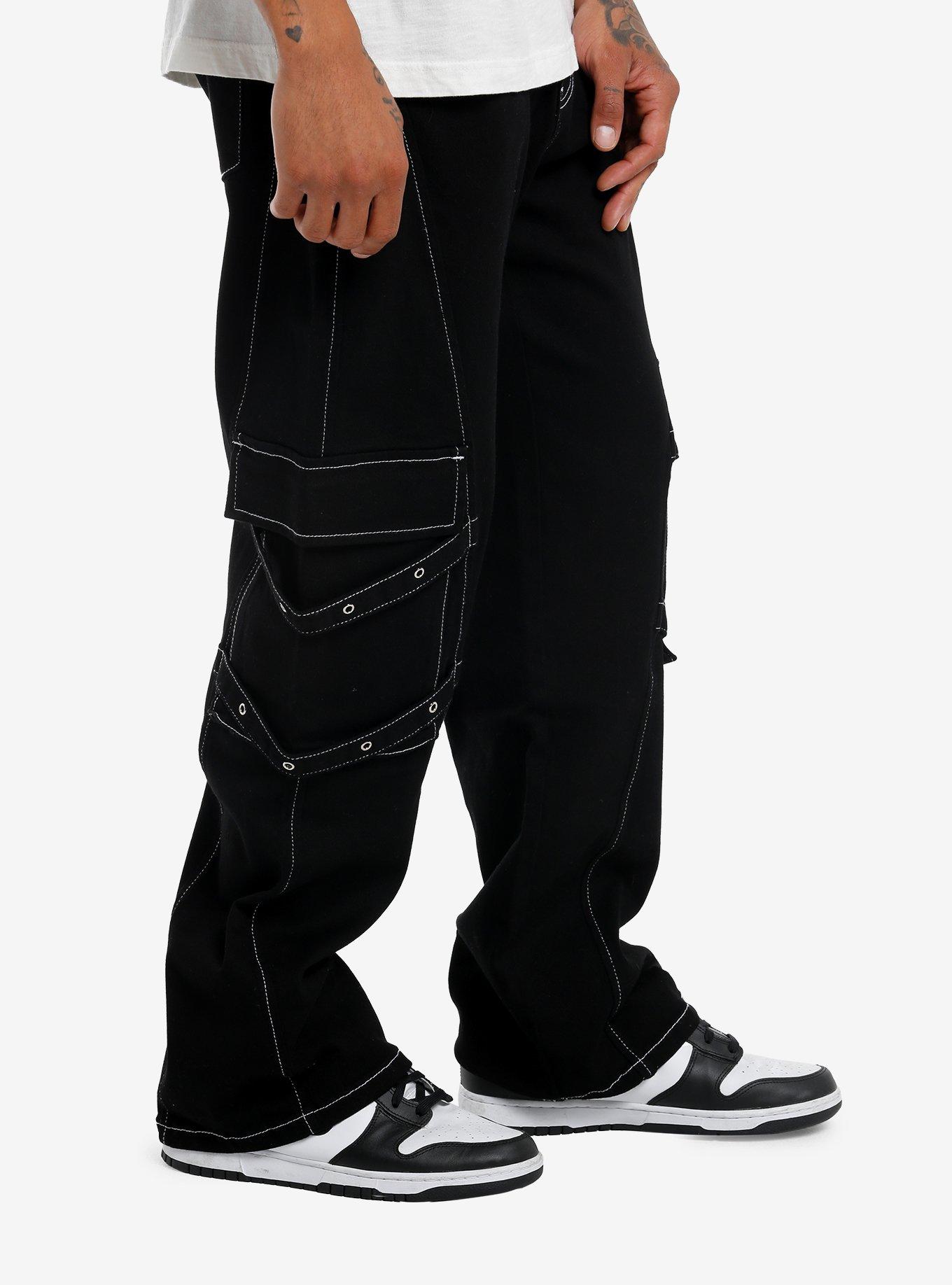 Black & White Contrast Stitch Grommet Strap Cargo Pants, , alternate