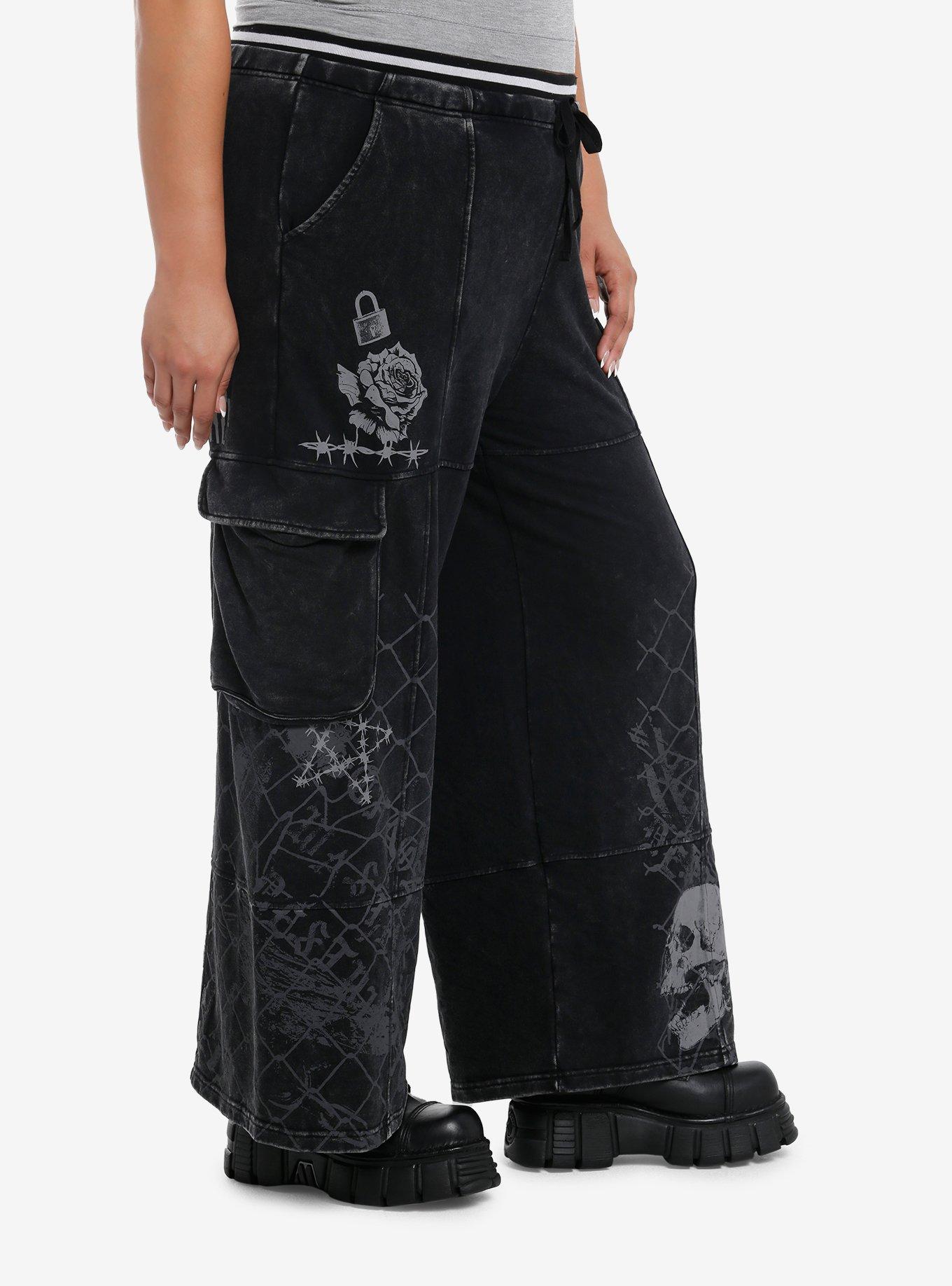 Social Collision Black Skull & Barbed Wire Wide Leg Girls Lounge Pants Plus