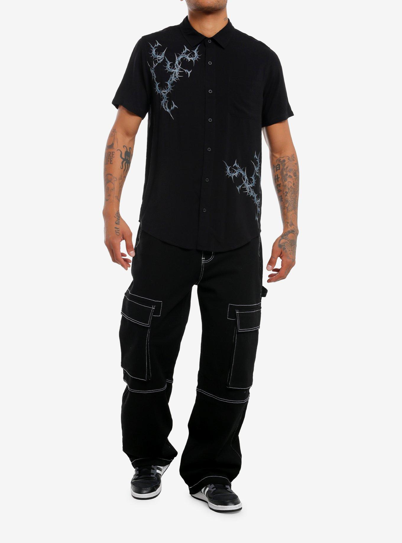 Social Collision Cyber Sigilism Skull Woven Button-Up, GREY, alternate