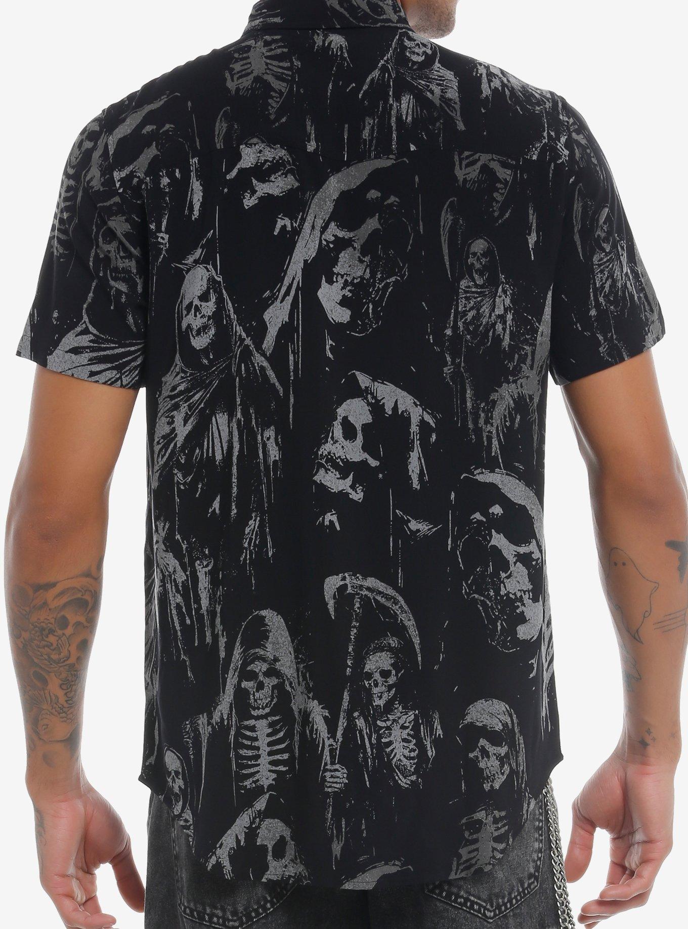 Grim Reaper Allover Print Woven Button-Up, GREY, alternate