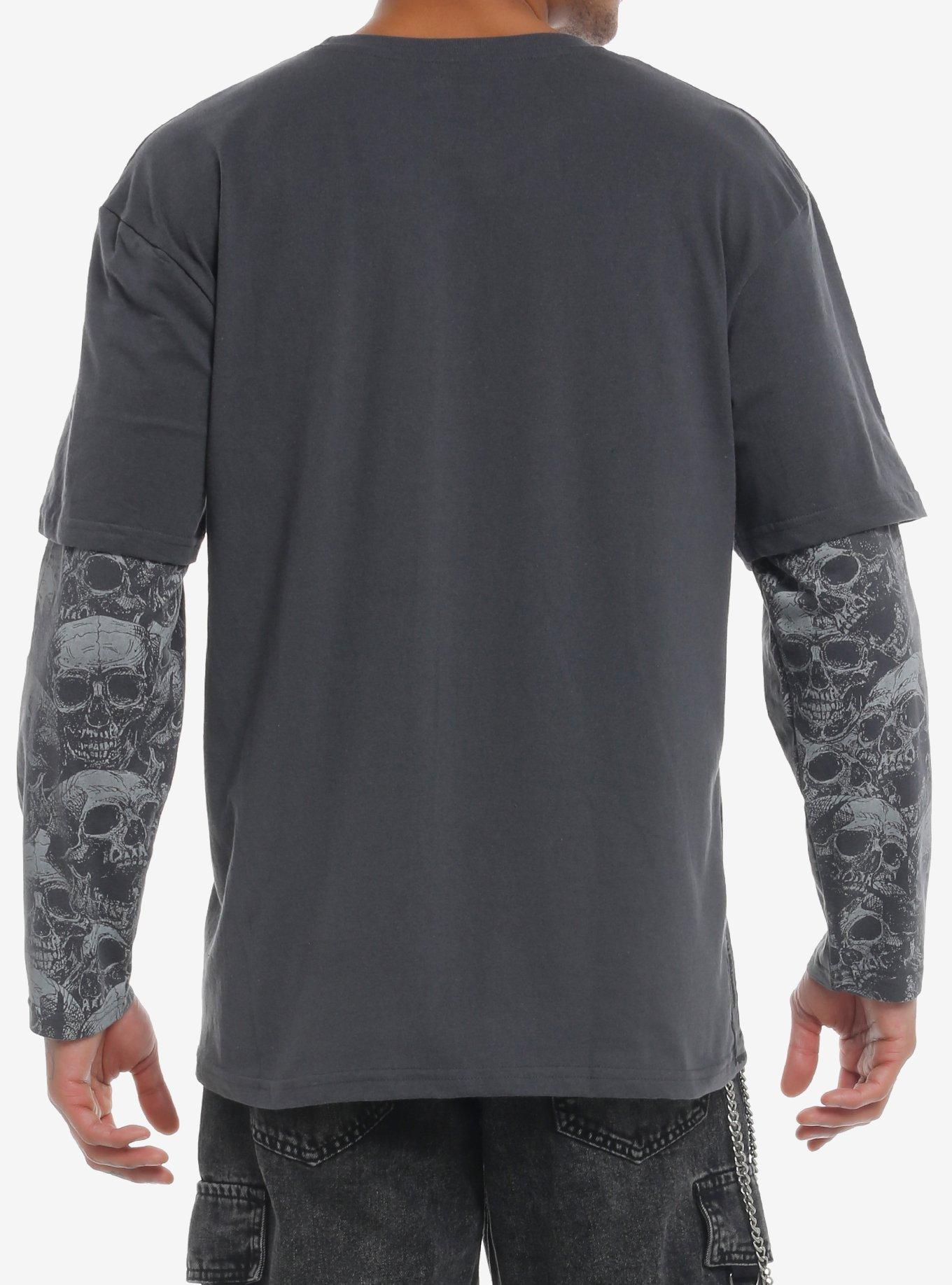 Skulls Grey Oversized Twofer Long-Sleeve T-Shirt, GREY, alternate