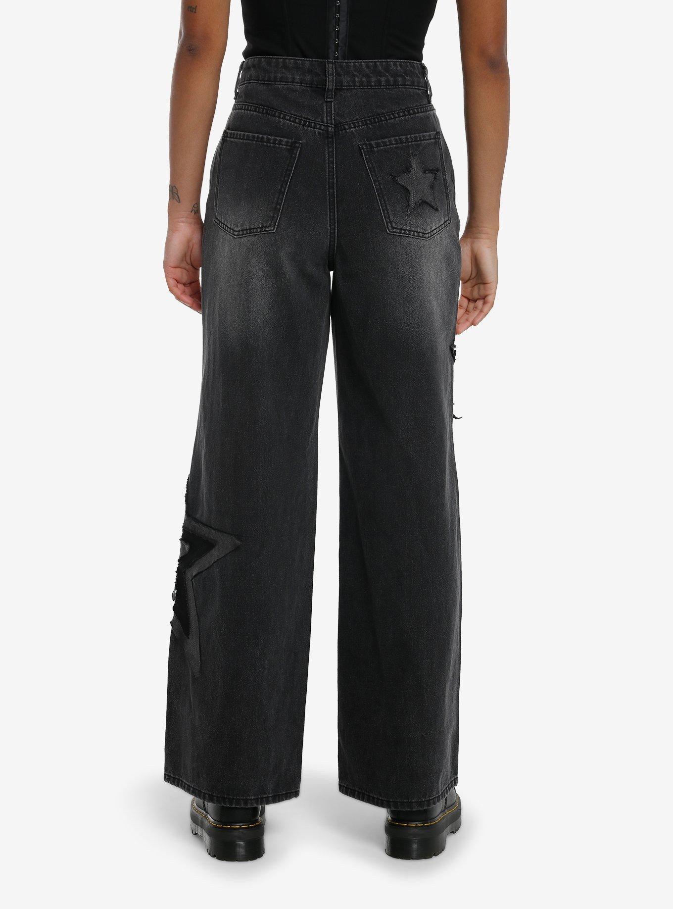 Black Wash Star Patch Wide Leg Jeans, , hi-res