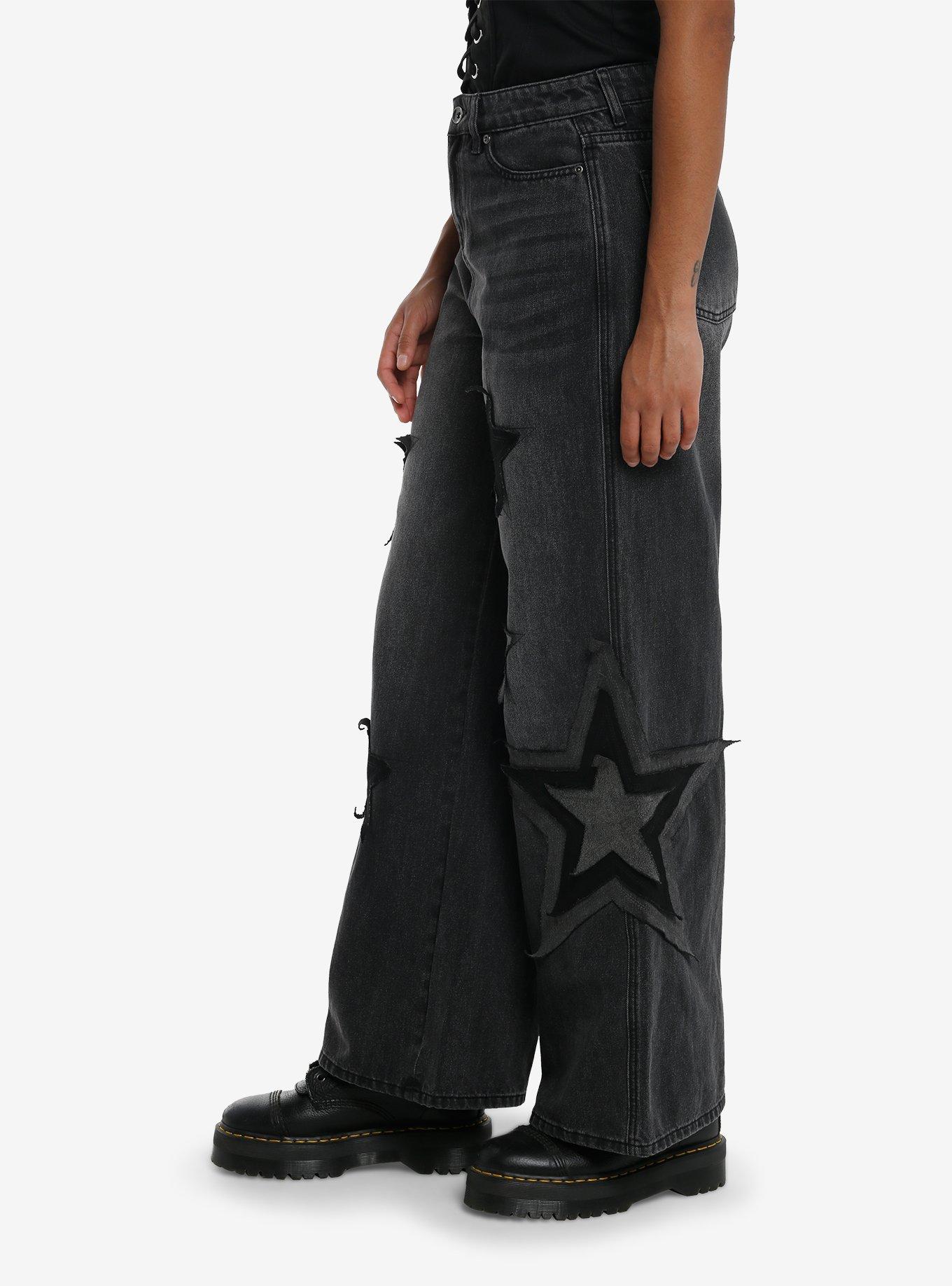 Black Wash Star Patch Wide Leg Jeans, GREY, alternate