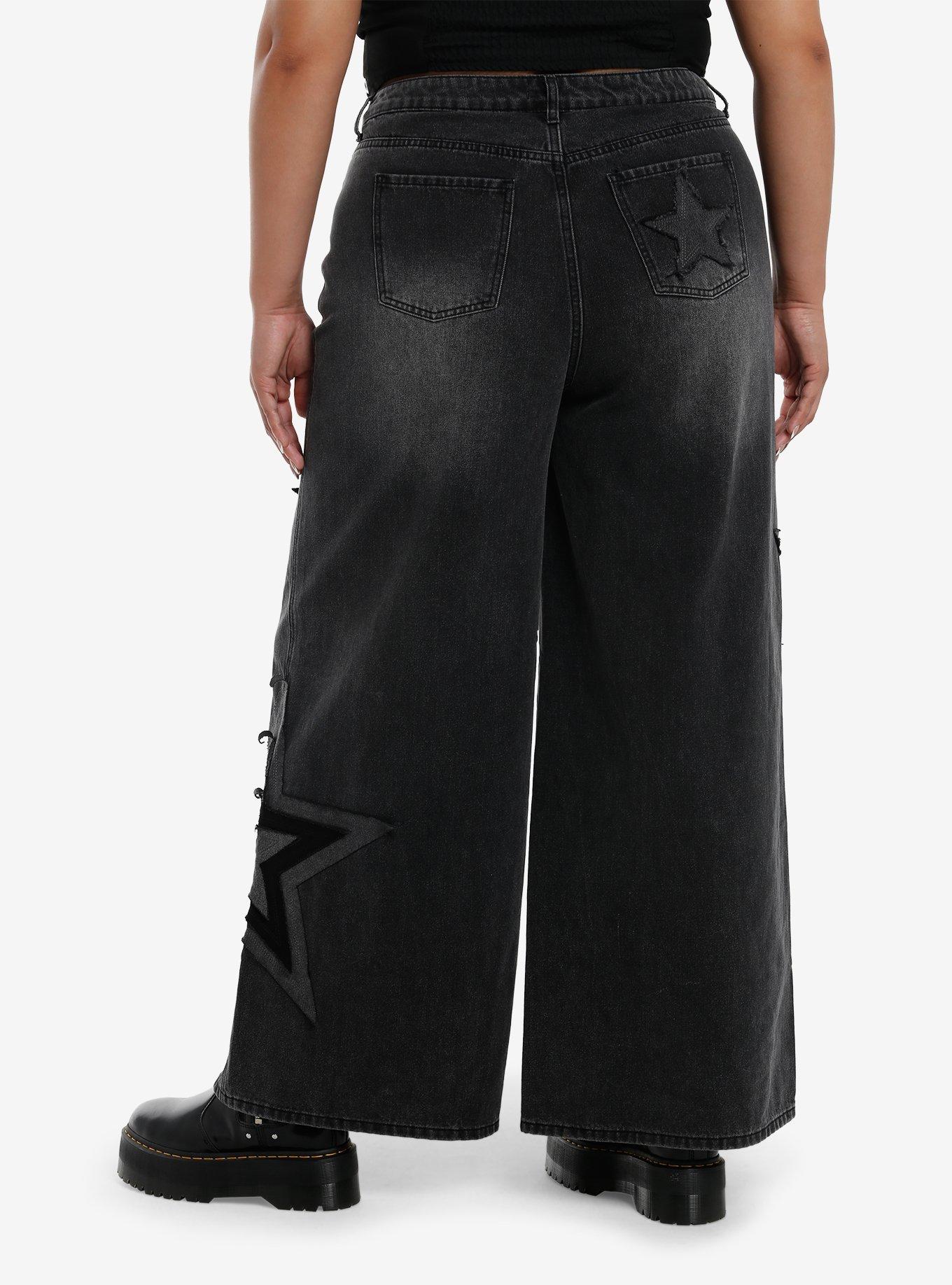 Black Wash Star Patch Wide Leg Jeans Plus Size, , hi-res