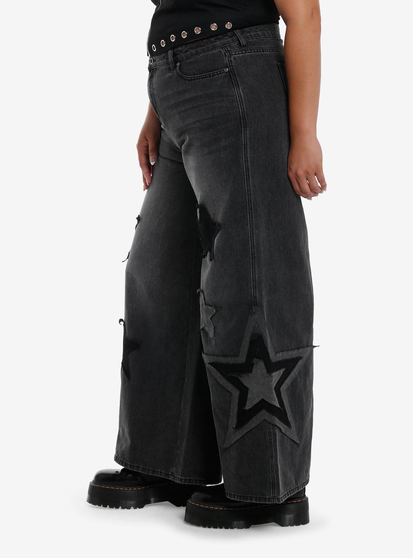 Black Wash Star Patch Wide Leg Jeans Plus Size, GREY, alternate
