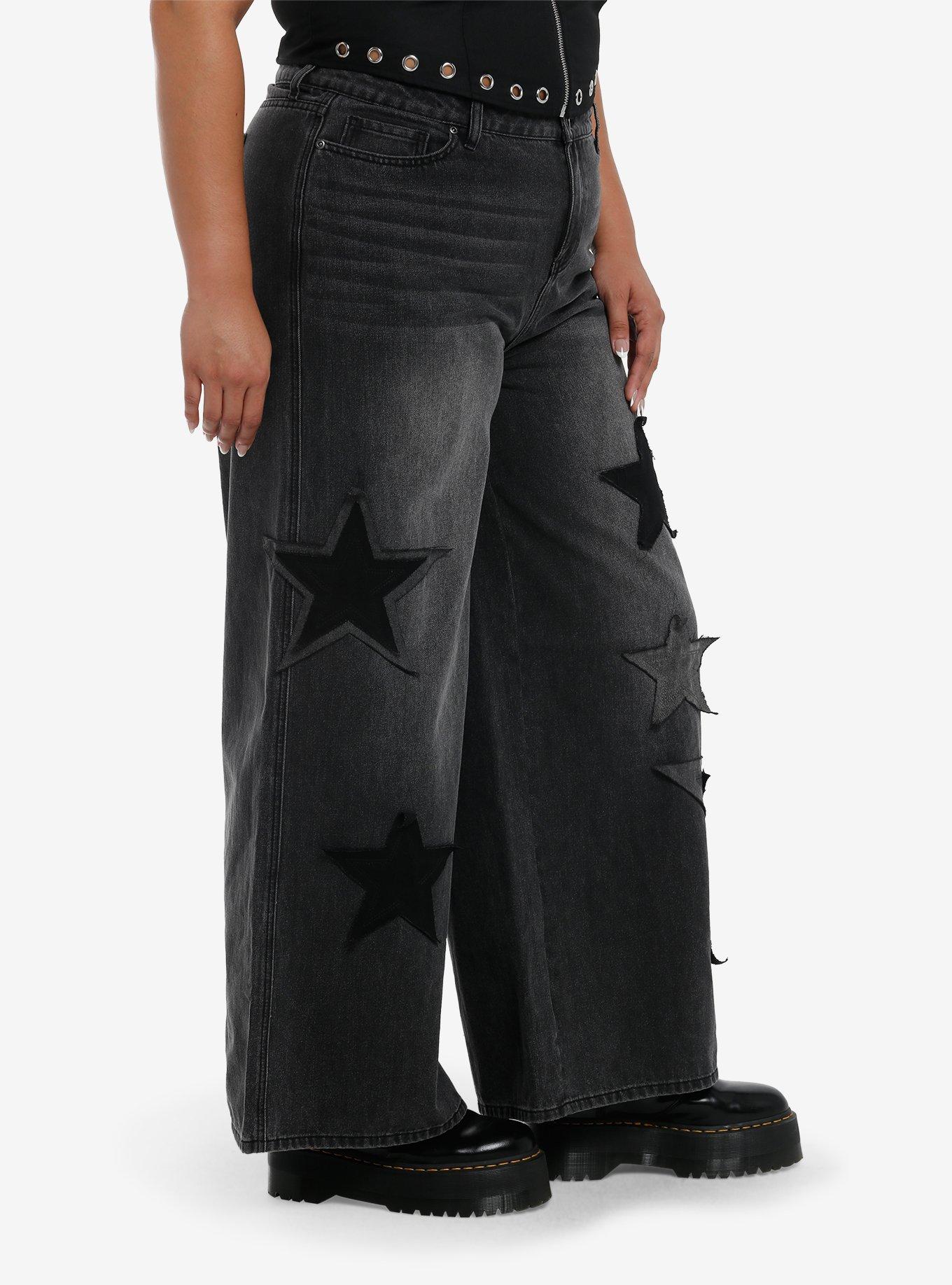 Black Wash Star Patch Wide Leg Jeans Plus Size, GREY, alternate