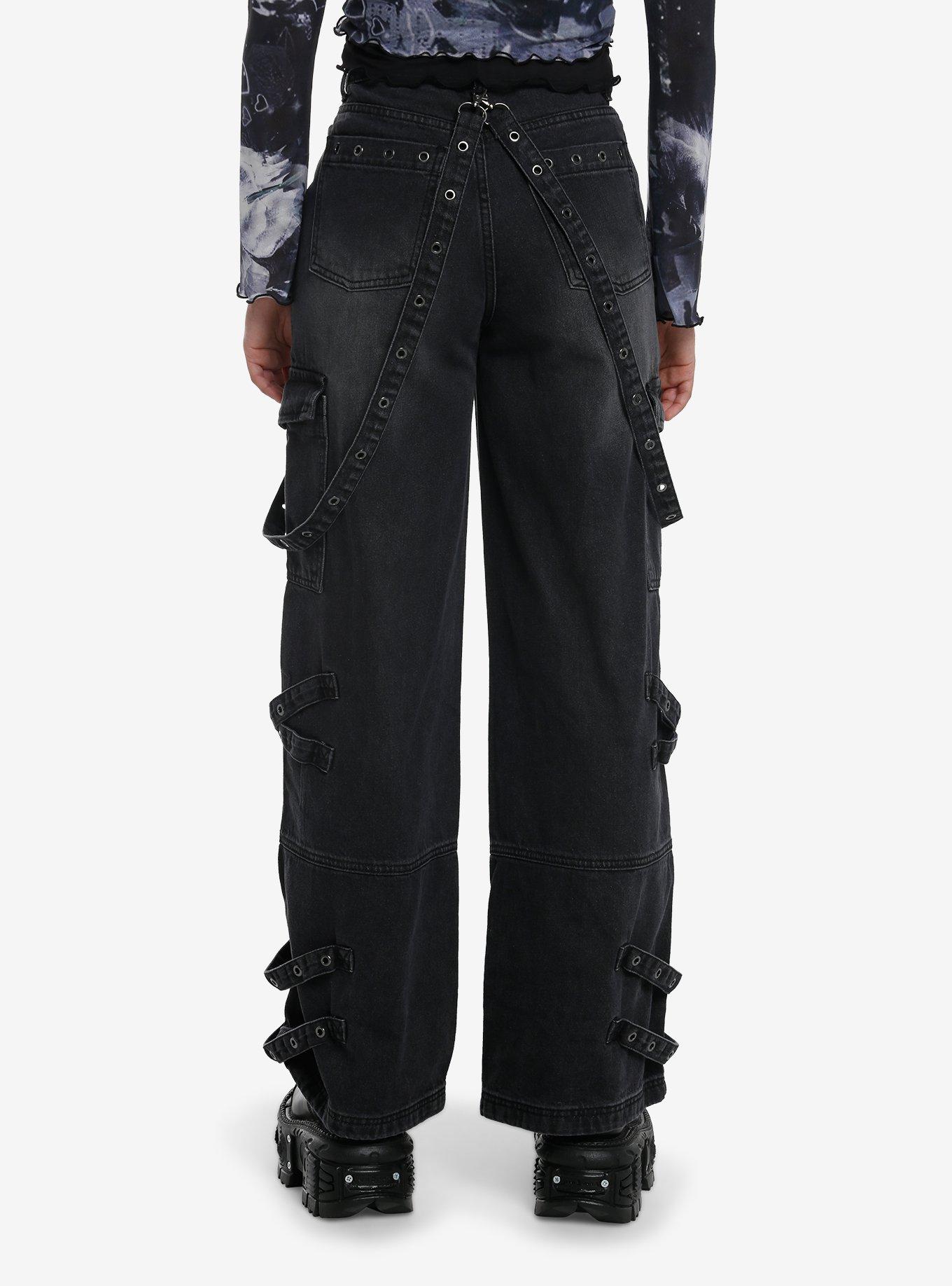 Black Wash Grommets & Straps Wide Leg Jeans, , hi-res