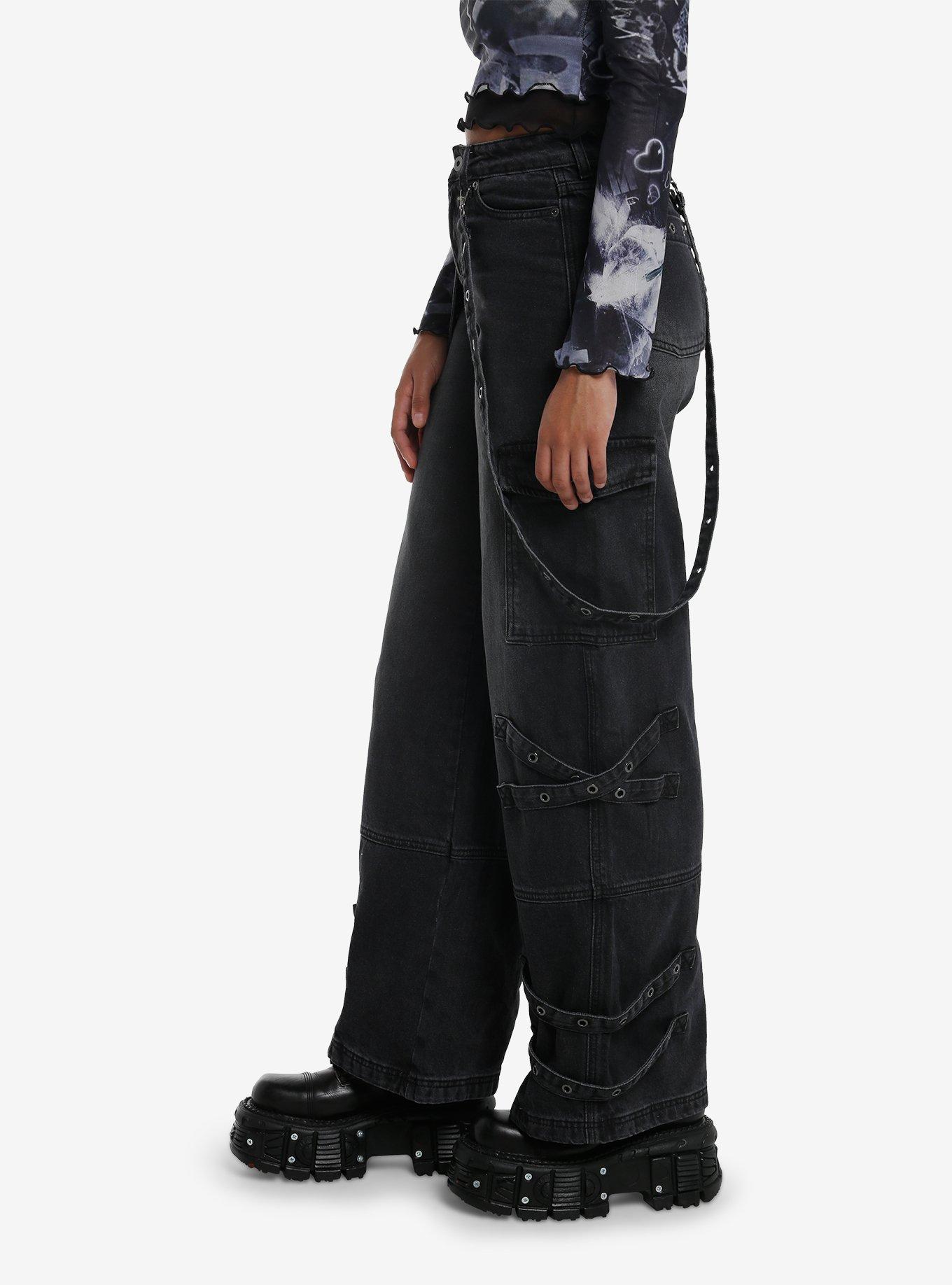 Black Wash Grommets & Straps Wide Leg Jeans, GREY, alternate