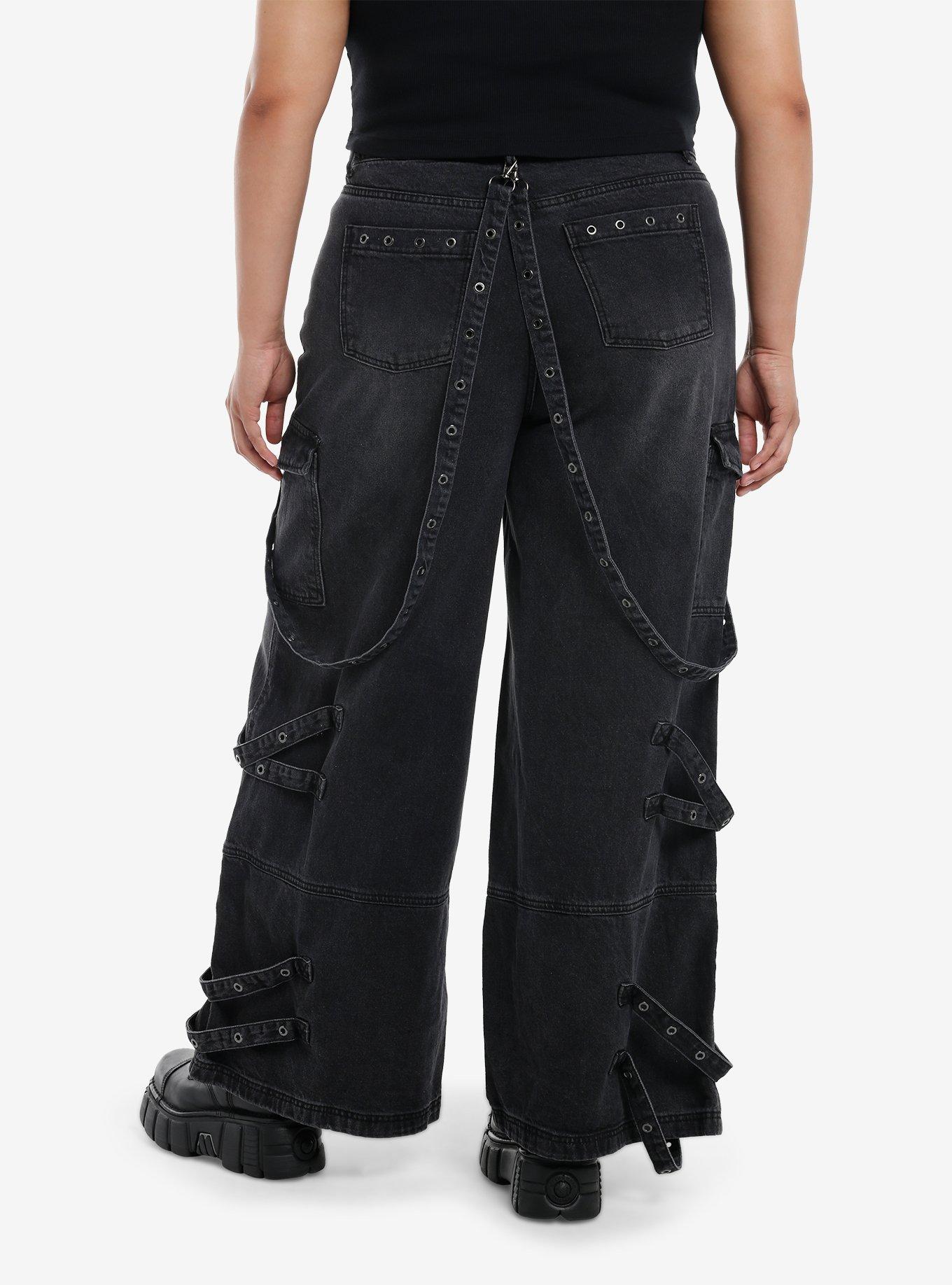 Black Wash Grommets & Straps Wide Leg Jeans Plus Size, , hi-res