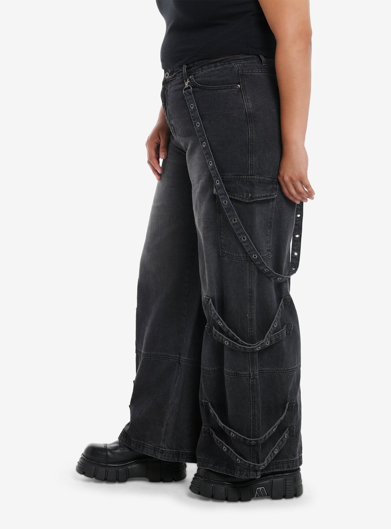 Black Wash Grommets & Straps Wide Leg Jeans Plus Size, GREY, alternate