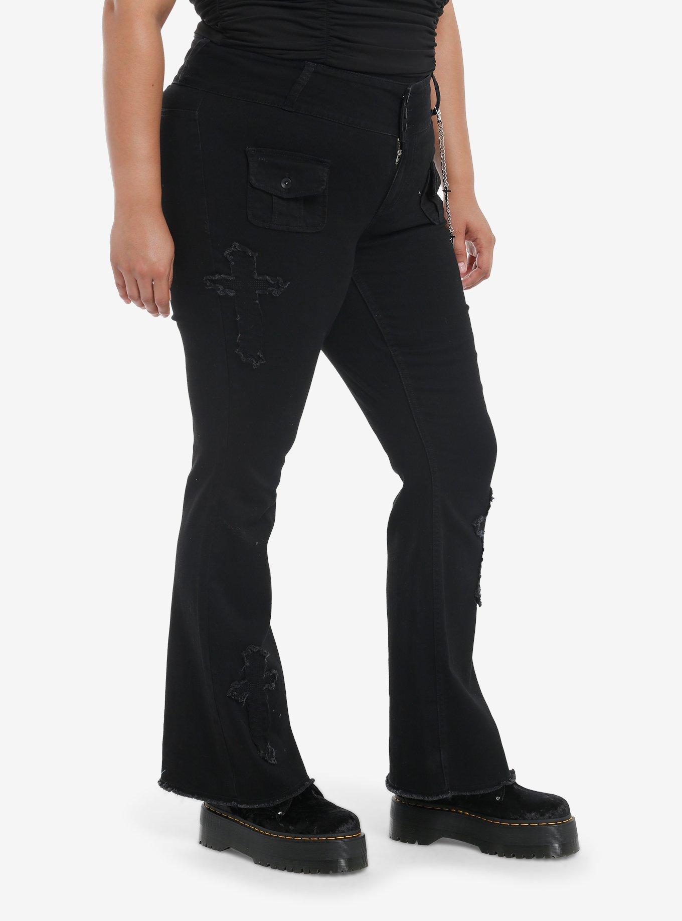 Black Cross Patch Side Chain Flare Pants Plus Size, BLACK, alternate