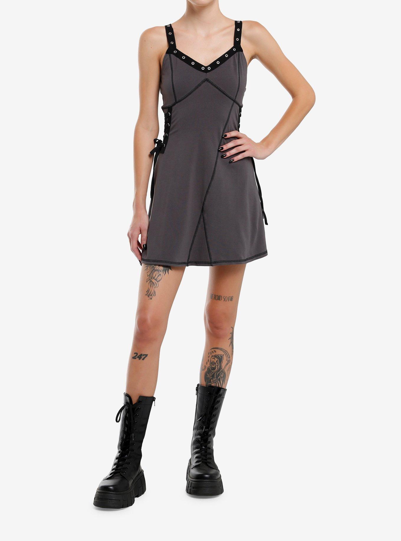 Social Collision Grey Grommet Strap Lace-Up Dress, BLACK, alternate