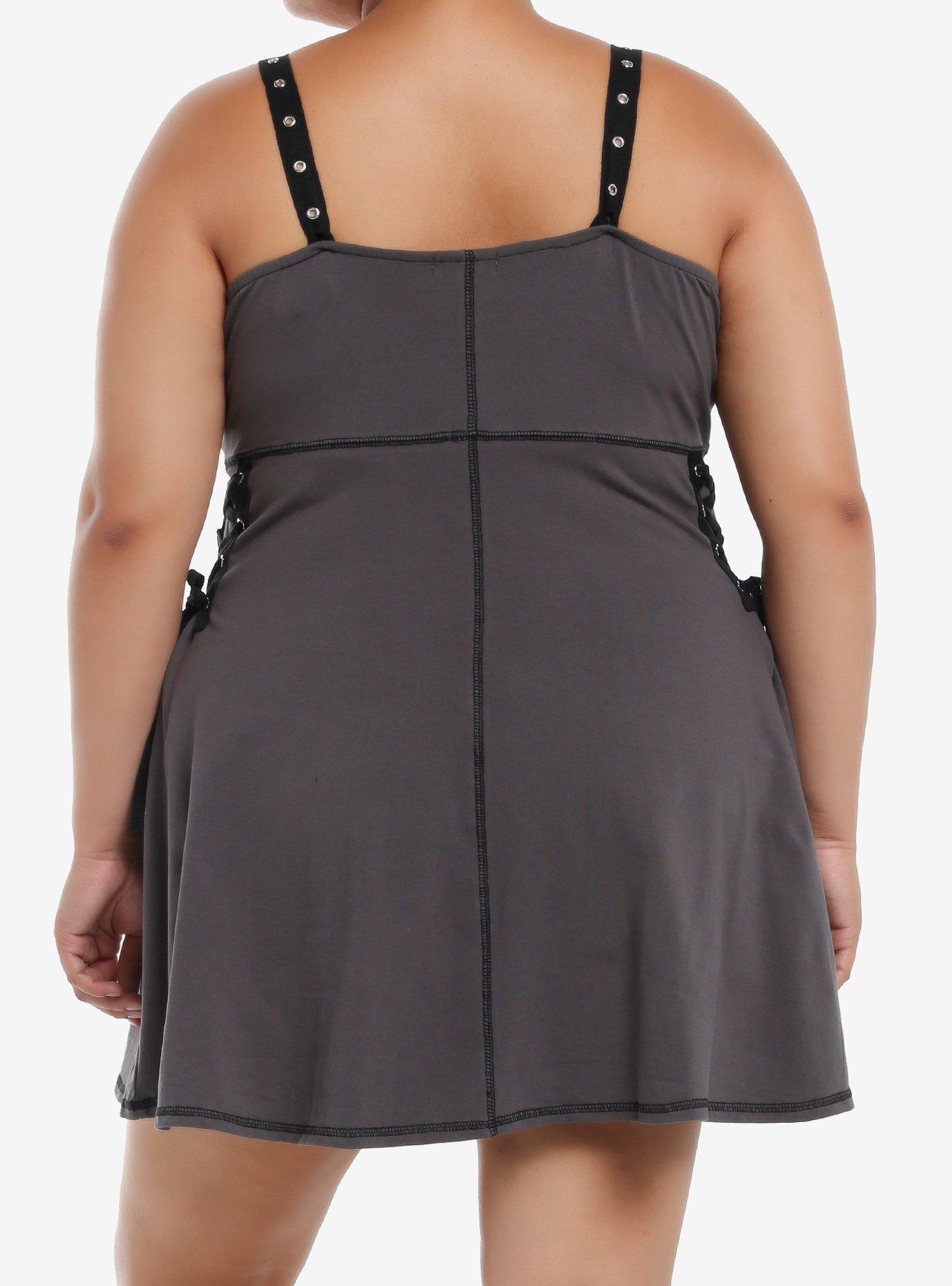 Social Collision Grey Grommet Strap Lace-Up Dress Plus Size, BLACK, alternate