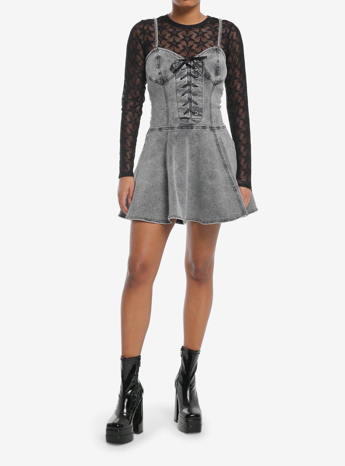 Social Collision Grey Denim & Black Star Mesh Twofer Dress, BLACK, alternate