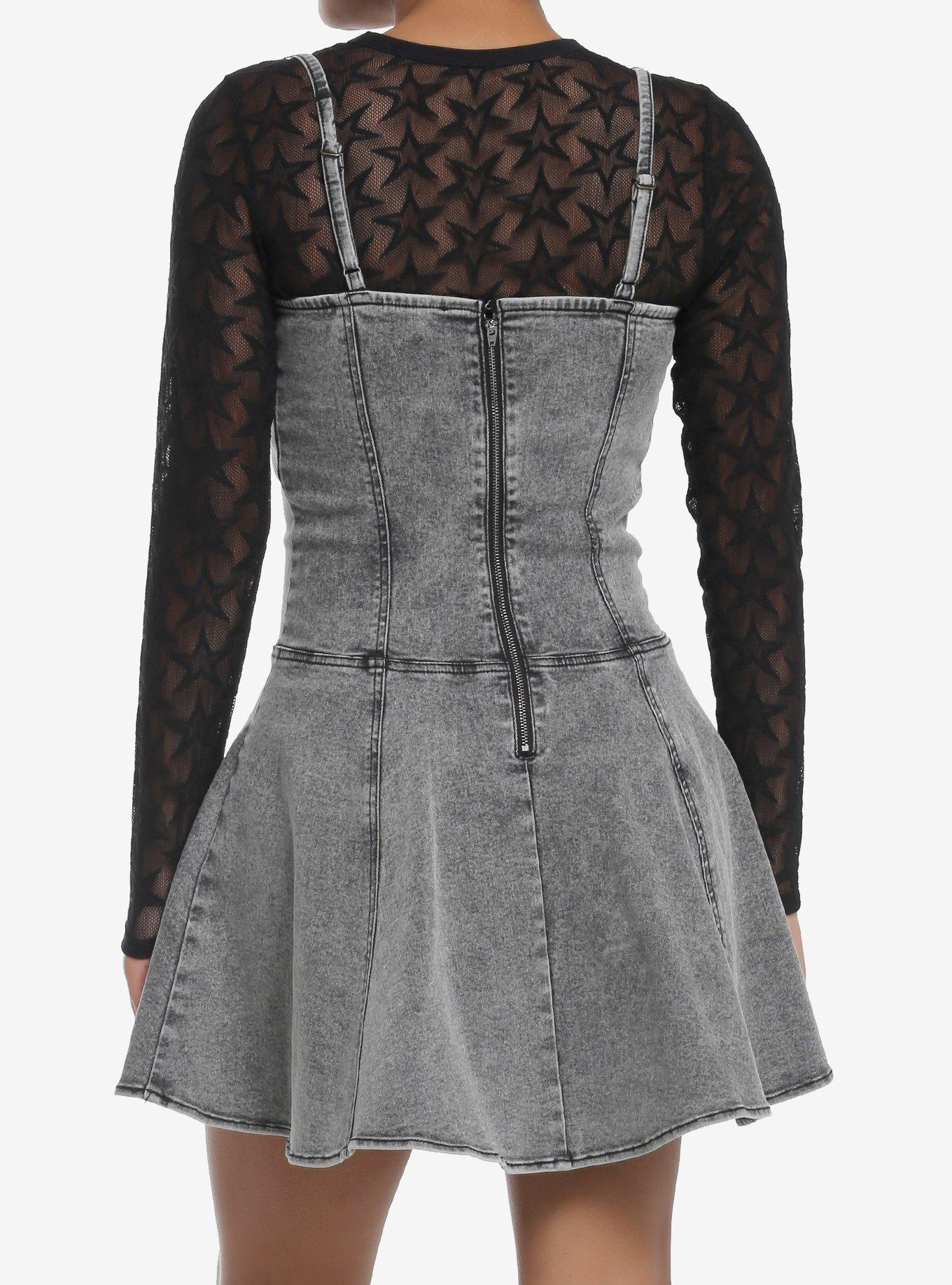 Social Collision Grey Denim & Black Star Mesh Twofer Dress, BLACK, alternate