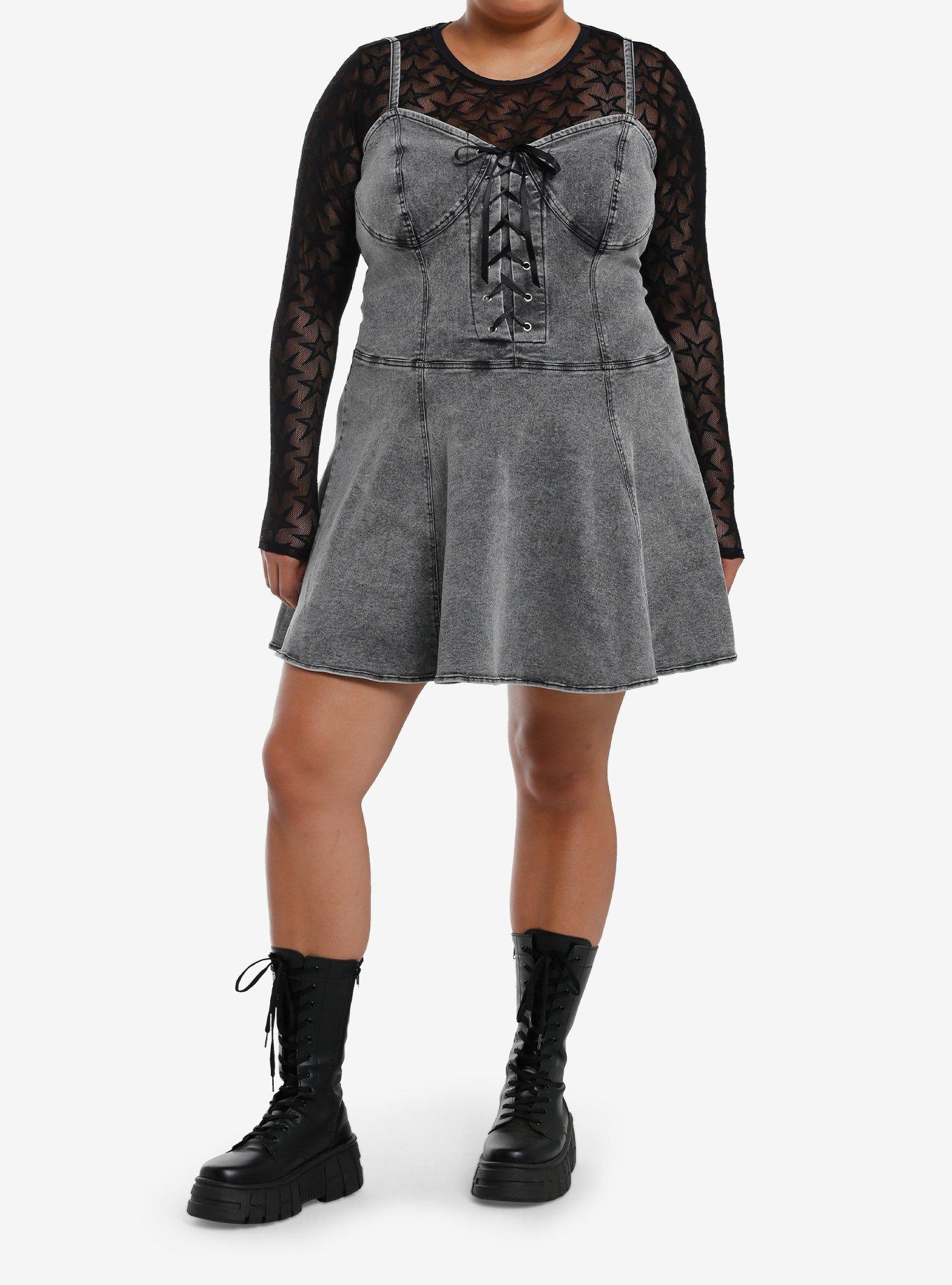 Social Collision Grey Denim & Black Star Mesh Twofer Dress Plus Size, BLACK, alternate