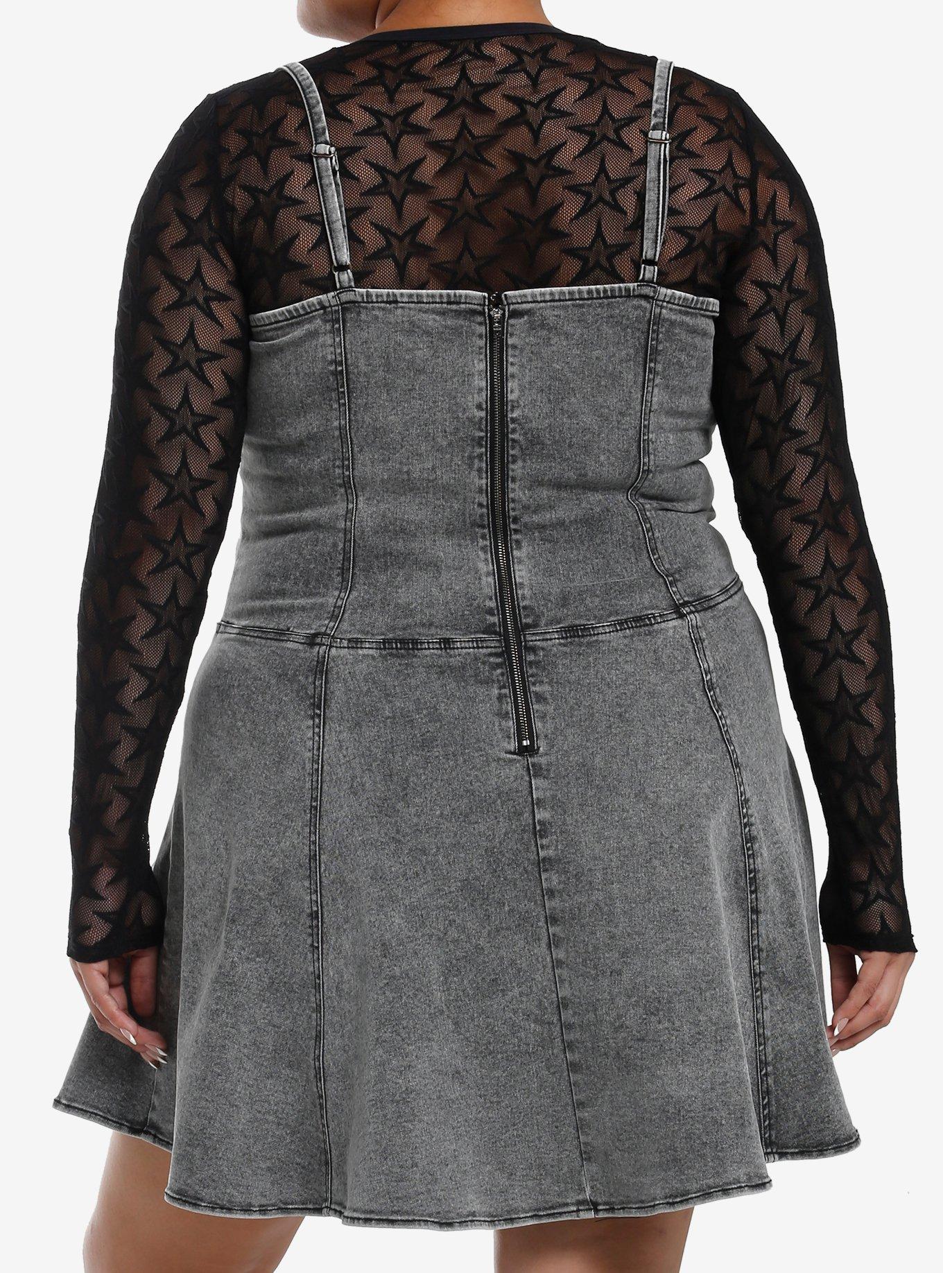 Social Collision Grey Denim & Black Star Mesh Twofer Dress Plus Size, BLACK, alternate